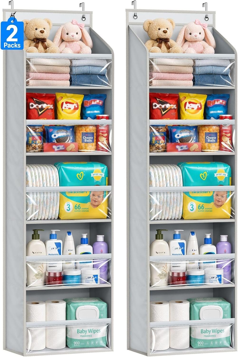 AOODA 2 Pack Over the Door Organizer, Large Capacity Closet Door Hanging Organizer, Clear Deep Pockets Baby Organizer Storage for Nursery, Bathroom, Bedroom, Pantry, Diapers (Grey)