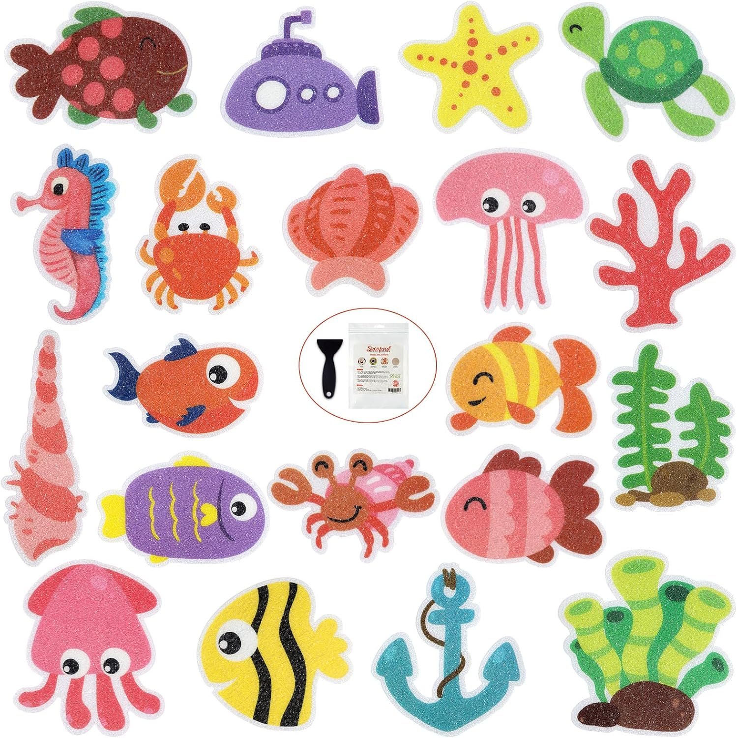 Secopad Non Slip Bathtub Stickers, 20pcs Submarine Sea Creature Adhesive Kids Anti Slip Decal Treads for Shower and Bath Tub with Premium Scraper