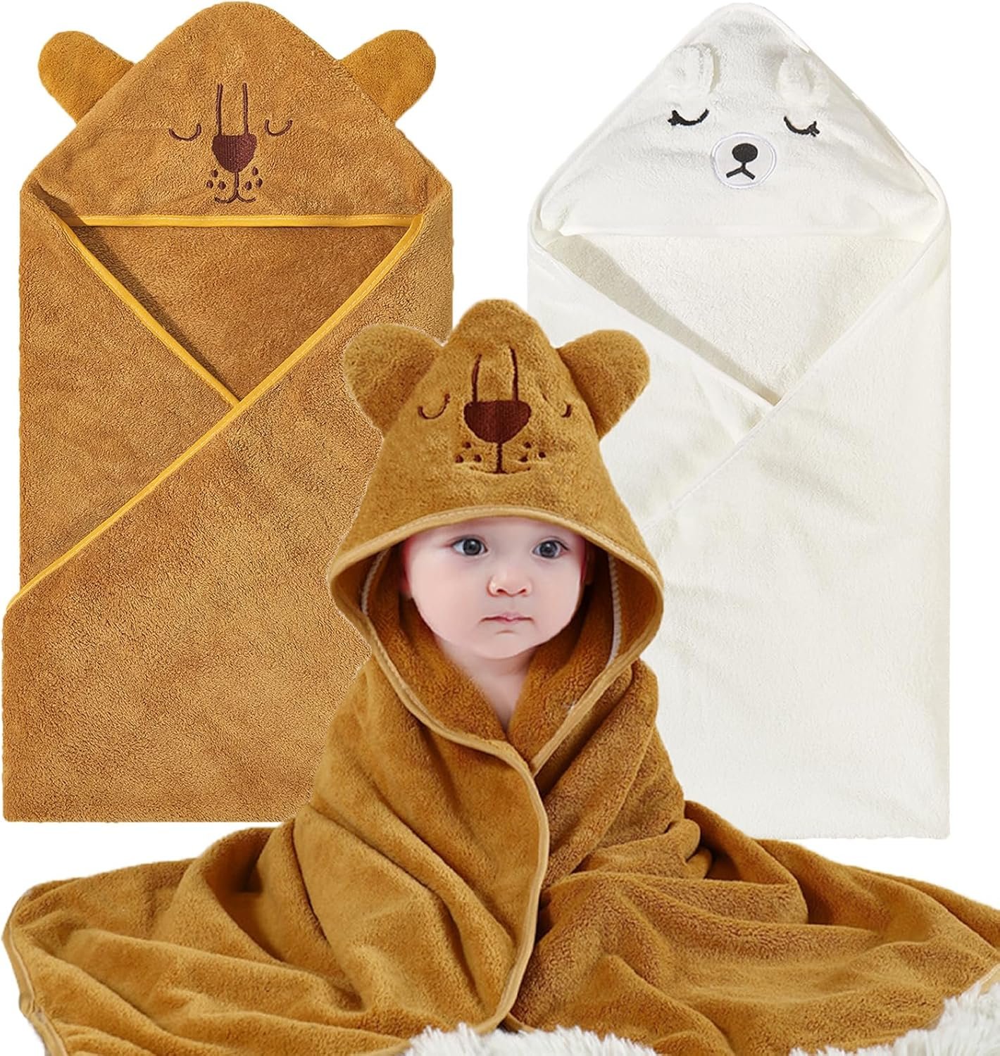 Baby Bath Towel with Hooded 2Pack Absorbent Soft Hooded Towel for Newborns Unisex 31.5×31.5 in Bath Towel Set Gift for Babies, Infant, Newborn Essential