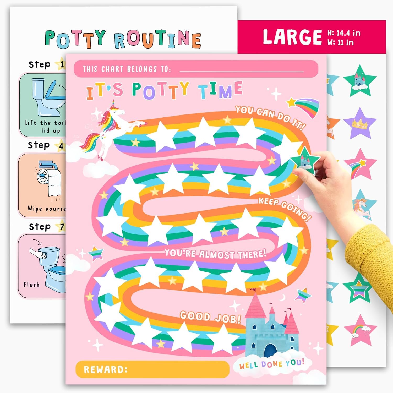 Potty Training Reward Chart for Kids – Unicorns & Castles x 10 pcs – Potty Training Chart for Girls – Routine Calendar – Sticker Board – Train to Poop – Toddler Schedule Chart by Central 23