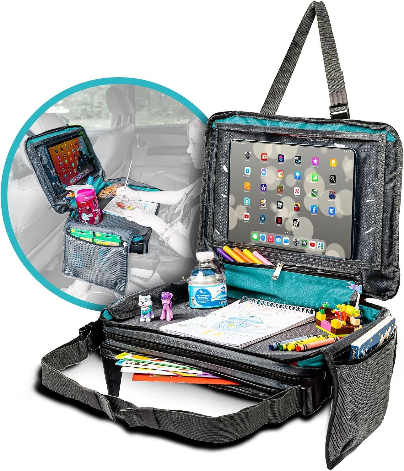 BE Family Travel Kids Car Seat Travel Tray, Car Accessories for Children, Car Seat Snack Tray, Traveling Essentials for Kids, Toddler Lap Tray for Engaging Activities, Multipurpose Design, Teal Green