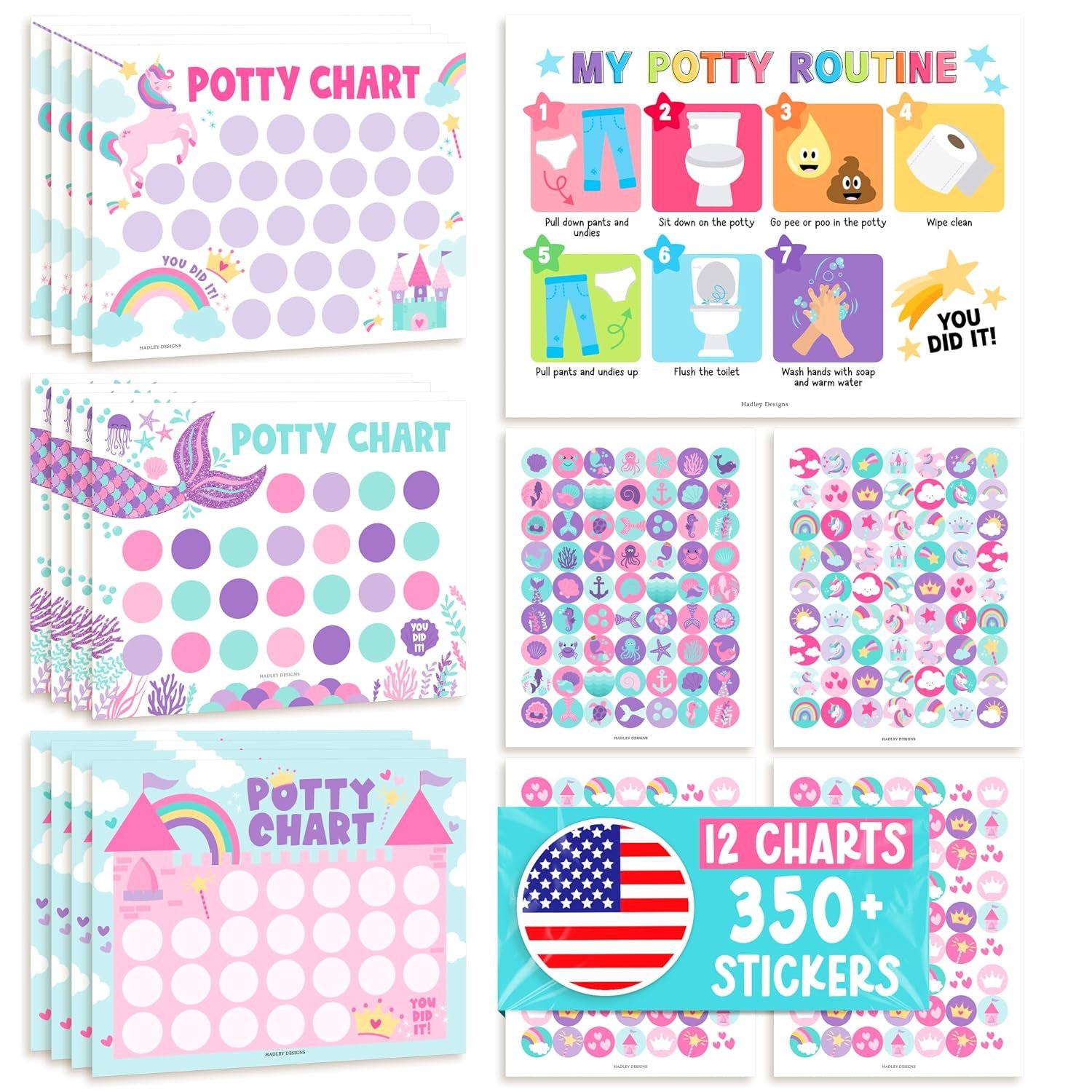 Hadley Designs Potty Training Chart for Toddler Girls -Bundle Reward Sticker Chart for Kids Potty Training Toilet Success, Potty Chart for Toddlers Girls, Reward Stickers for Toddlers in 3 Fun Designs