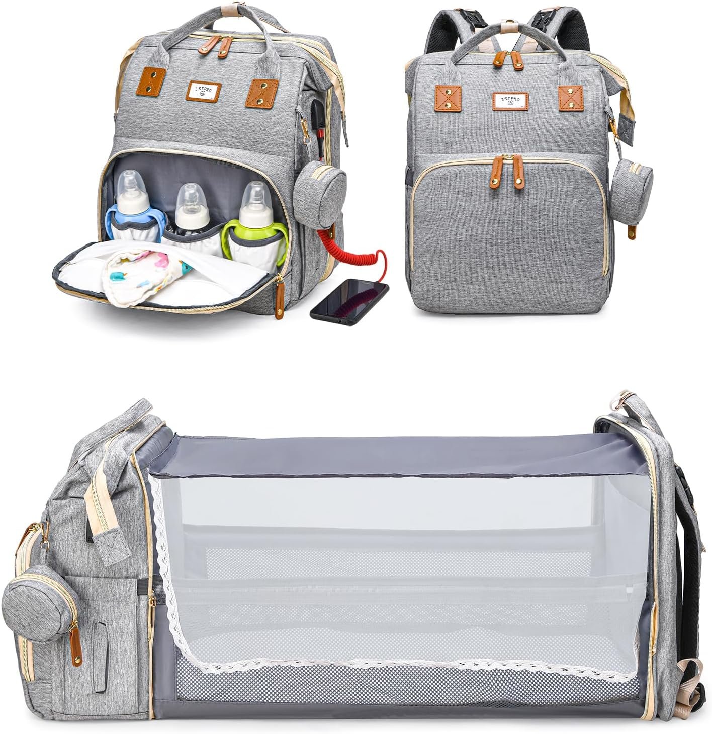 JSTPRO Diaper Bag Backpack, Large Waterproof Lightweight Diaper Bag with Changing Station, Insulated Pockets, USB Port & Stroller Straps, Travel Baby Bag for Mom and Dad, Baby Shower Gifts (Grey)