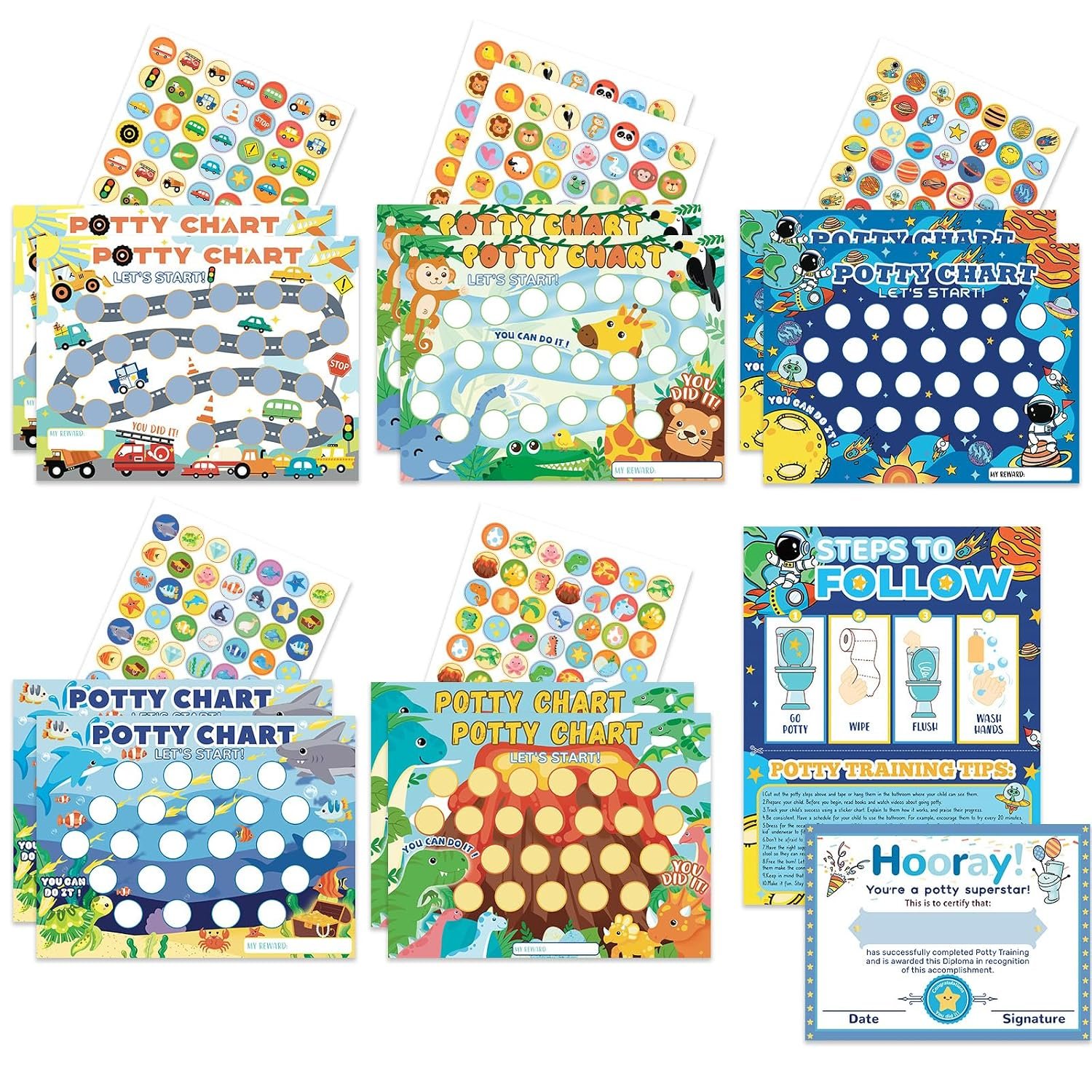 Potty Training Chart for Toddlers Boys with Fun Reward Stickers – 18 PCS Potty Training Sticker Chart – 5 Fun Styles Potty Chart for Kids – Potty Chart Develop Toileting Habit for Toddlers Boys