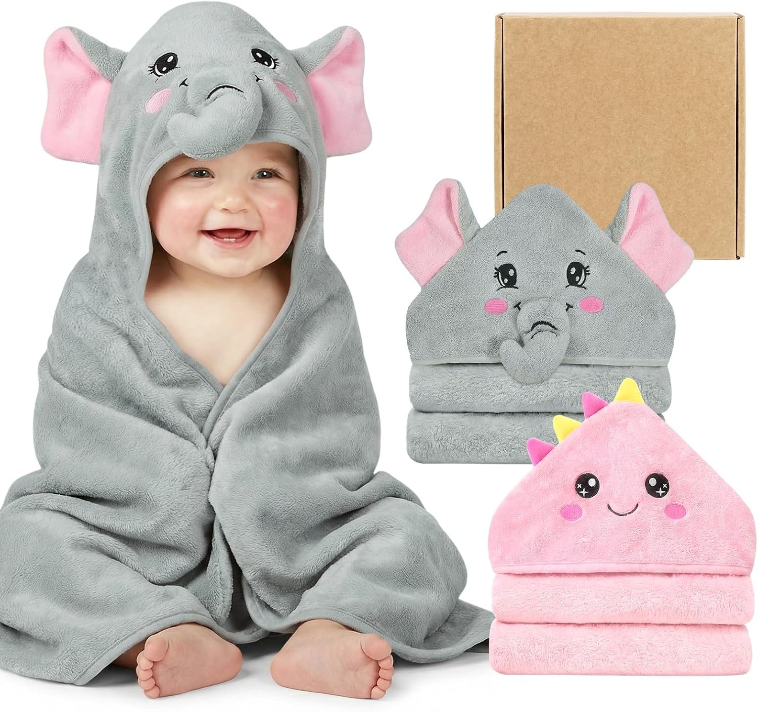 2 Pack Hooded Baby Towels Soft Absorbent Coral Fleece Baby Bath Towels with Animal Hood 32×32 Inch Toddler Bath Towel for 0-3 Years Newborn Baby Shower (Grey Elephant & Pink Dinosaur)