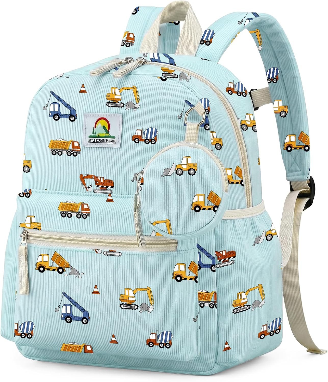 Corduroy Toddler Backpack for Boys 2-5: Construction Kids backpack for Boys – 13.5 inch Preschool Kindergarten Backpacks with Coin Purse