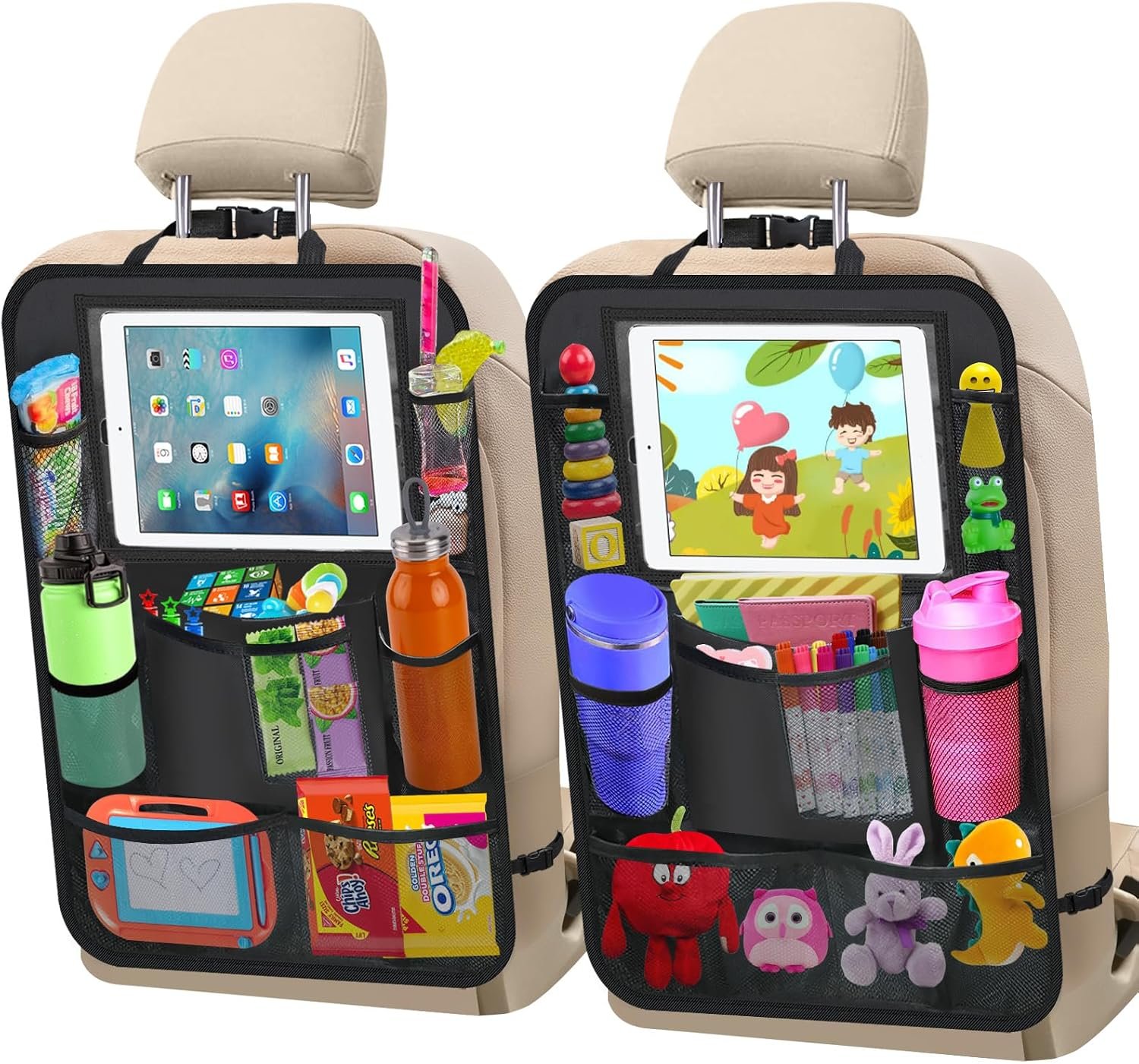 XBRN 2 Pack Car Backseat Organizer, Car Seat Organizer Kick Mats Back Seat Protector with 11″ Tablet Holder, Car Storage Organizer for Kids,10 Storage Pockets Travel Accessories