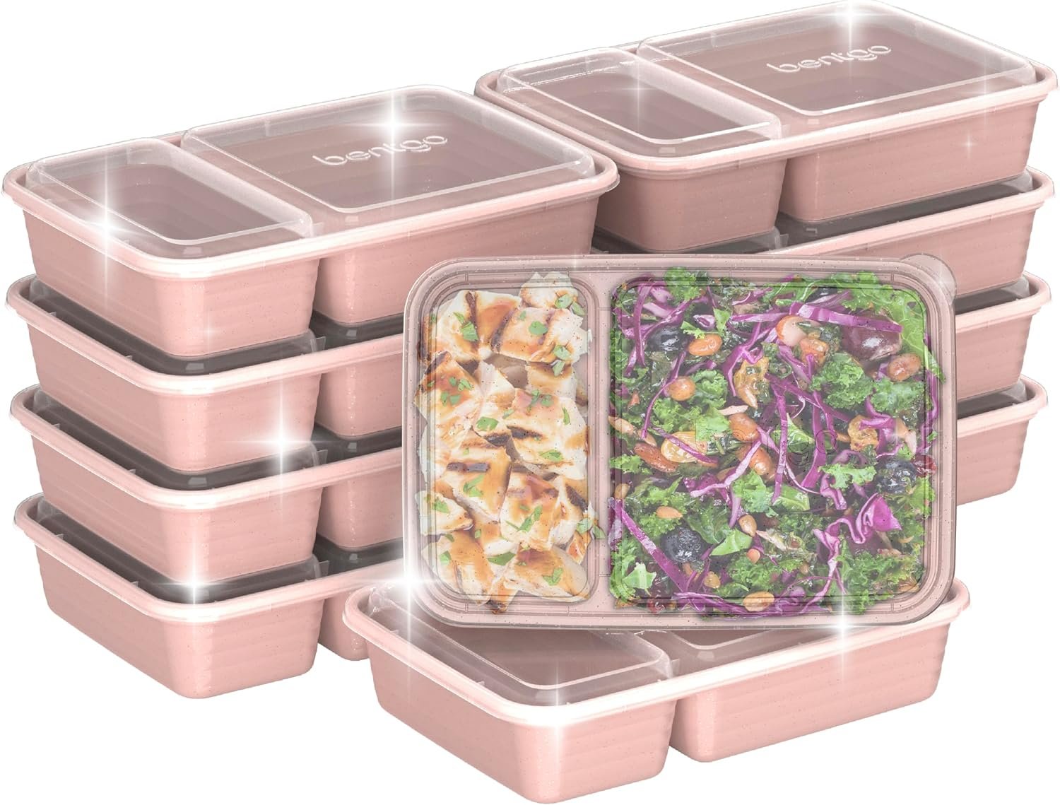Bentgo Prep – 20-Piece 2-Compartment Reusable Meal Prep Containers with Lids, PFAS & BPA Free Materials, Durable, Microwave, Freezer, & Dishwasher Safe To Go Food Storage (Sweet Pea Glitter)