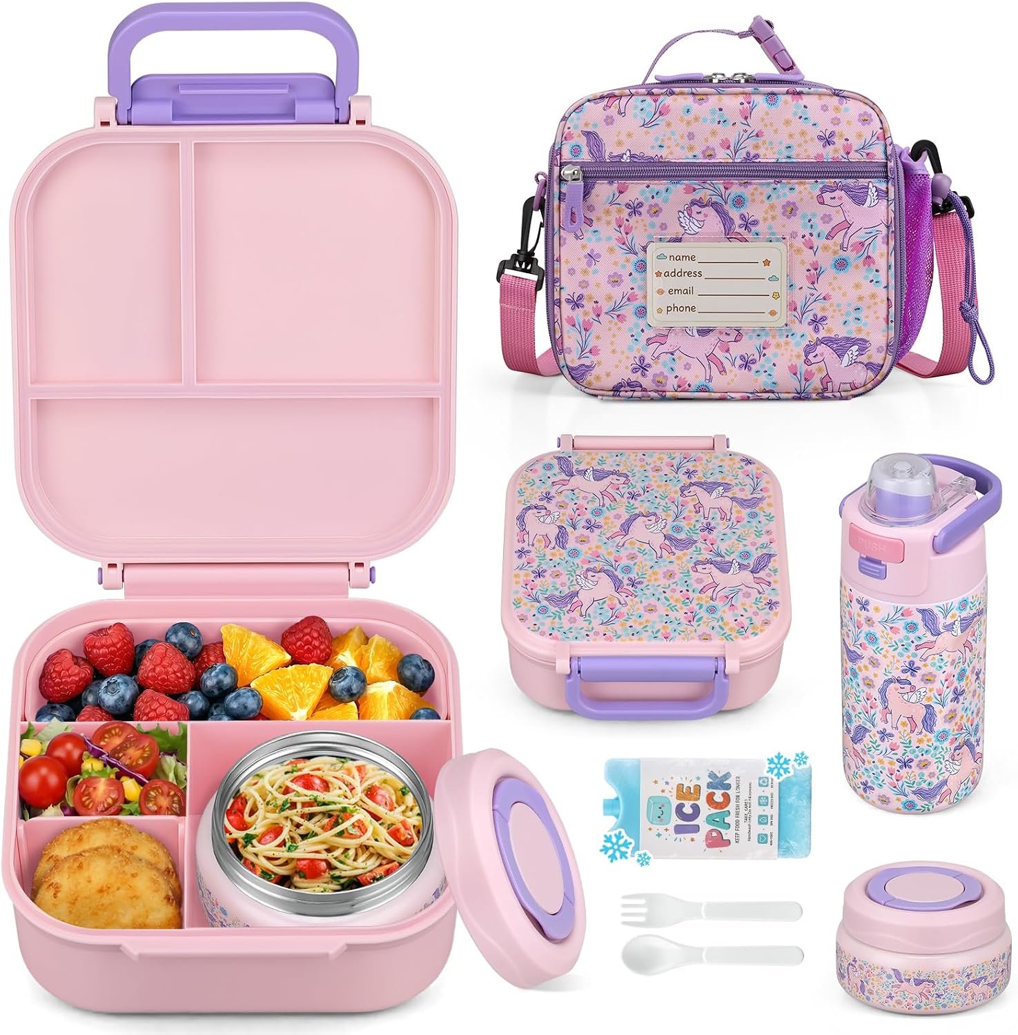 Itslife Bento Box for Kids Set, Insulated Food Container,Kids Lunch Box, 7 oz Thermos for Hot Food, 12 oz Thermos Water Bottle, Reusable Insulated Ice Bag & Fork Spoon Utensils Camping Travel Pink