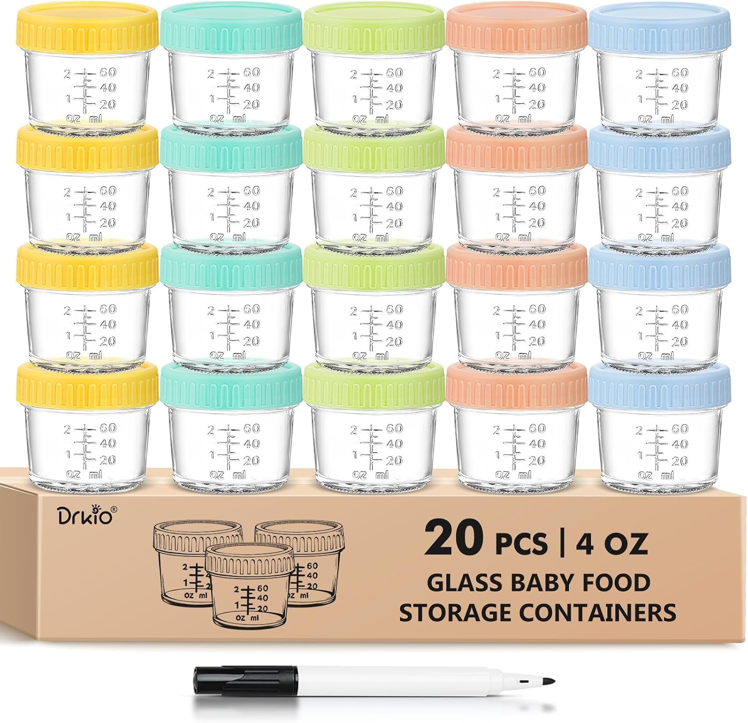 DRKIO 20 pcs Baby Food Storage Containers 4 Oz Small Glass Jars with Lids | Leak-proof Seal, Stable Stacking, Easy to Mark, Clear graduations Make Measuring User-friendly, BPA Free Reusable