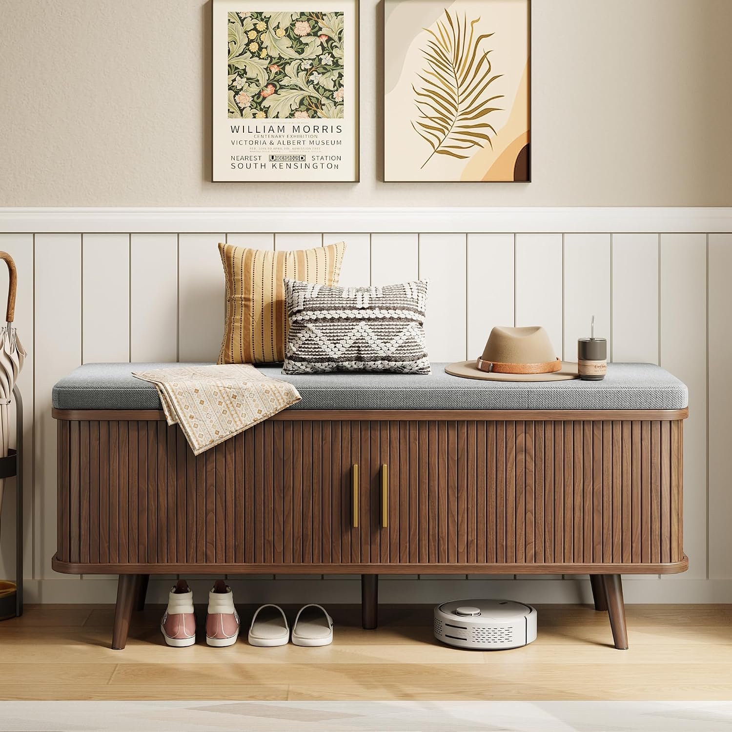 Decofy Shoe Storage Bench with Cushion and Sliding Doors, 47.2 Inch Shoe Bench with Storage, Freestanding Entryway Bench with Shoe Storage, with Solid Wood Legs, for Hallway & Entrance Hall, Walnut