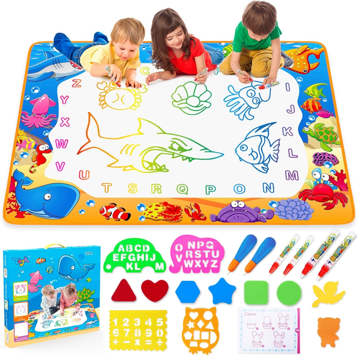 Water Doodle Mat – Kids Color Painting Toy, Gift Set for Toddlers 3-7 | Great Educational Water Doodle Mat – Toddler Painting Toy Gift with Fun Stencils, Magic Pens & Drawing Templates for Kids