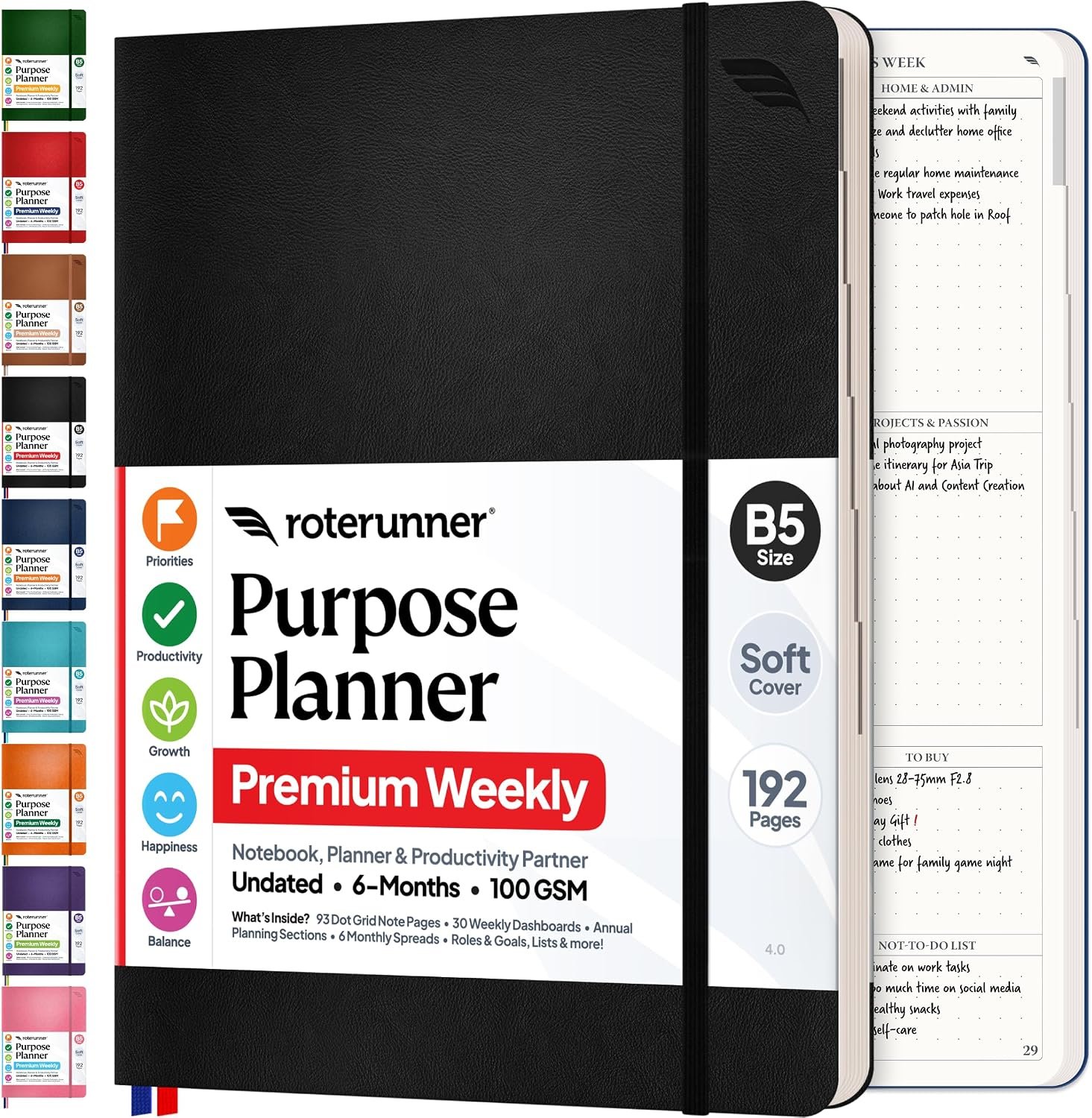 Roterunner Purpose Planner Notebook B5 7.5”x9.8” Undated 2026 Daily Weekly and Monthly Productivity Goal Setting Tool for Work Home ADHD Planner for Adults Self Care Journal