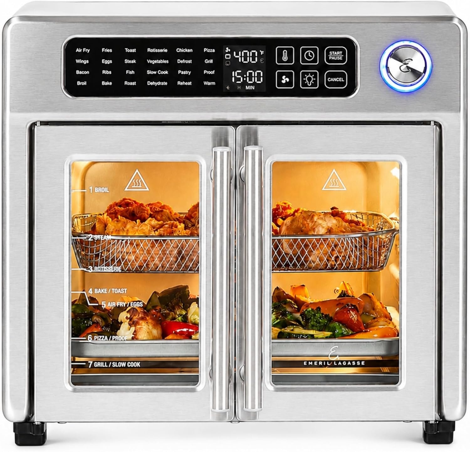 Emeril Lagasse Extra Large French Door Air Fryer Toaster Oven Combo, 24 Cooking Functions and Digital Controls, 7 Accessories Included, Stainless Steel Finish, 26QT Capacity | 26QT air fryer oven with French doors, 24 cooking functions, dual-speed fan and rotisserie for easy family meals.