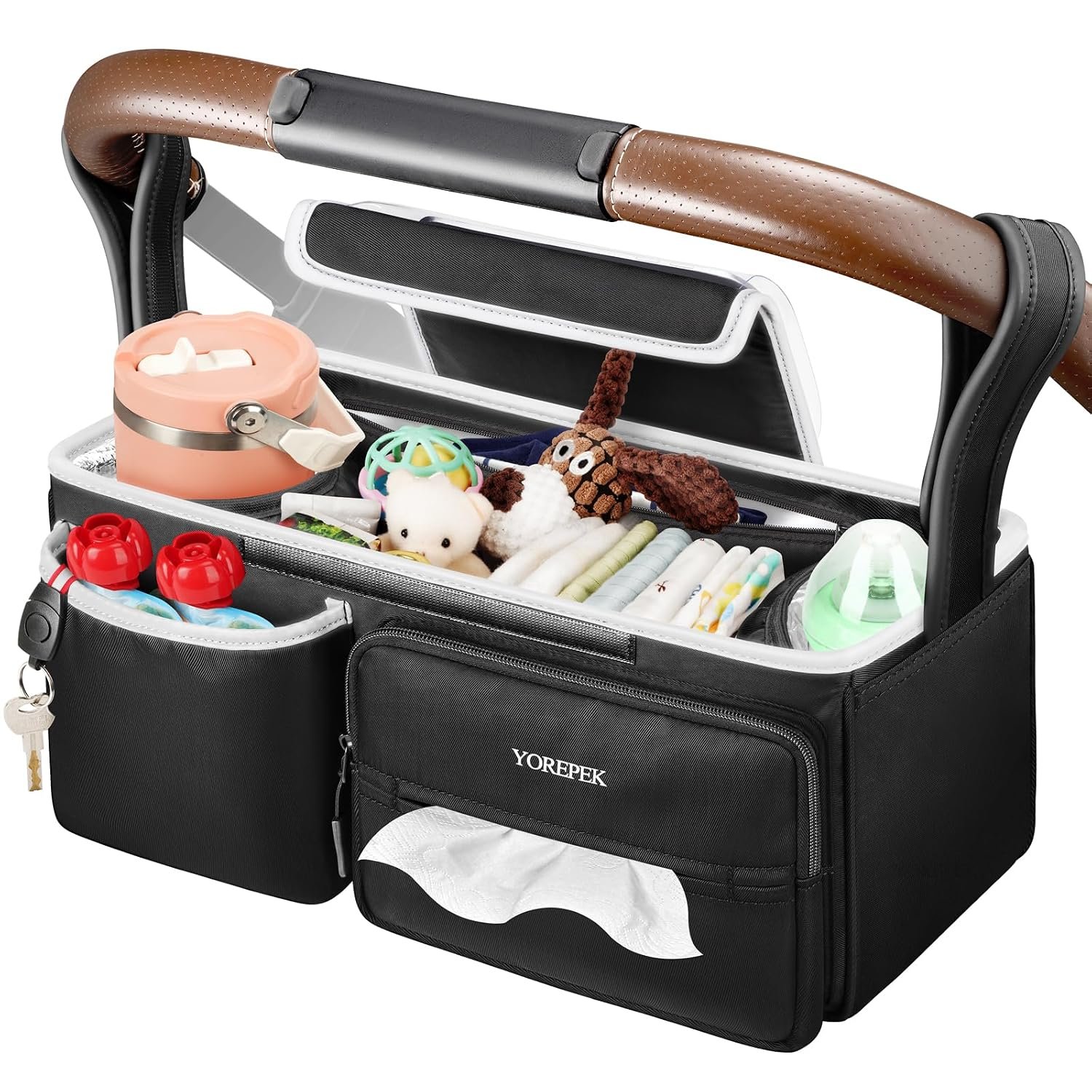 YOREPEK Large Stroller Caddy for Baby Accessories Fits UPPAbaby Vista/Cruz | 2 Insulated Cup Holders, Wipes Pocket, Clear Phone Slot, Easy-clean Stroller Organizer, Dual-purpose straps