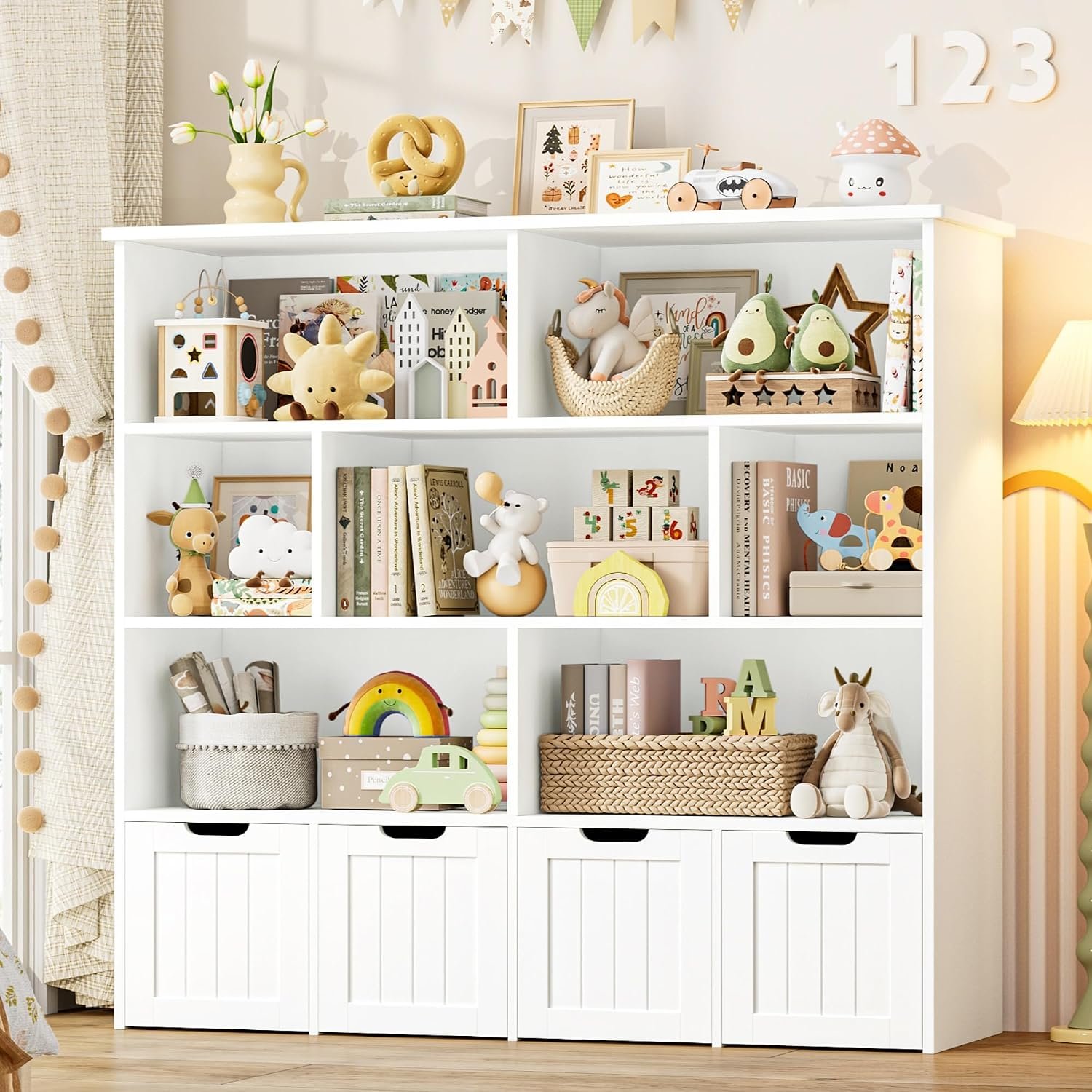 Toy Storage Organizer with Movable Drawer Toy Organizer for Kids | Kids Bookshelf and Toy Chest Storage with Hidden Wheels, Toy Organizers and Toy Storage for Playroom, White
