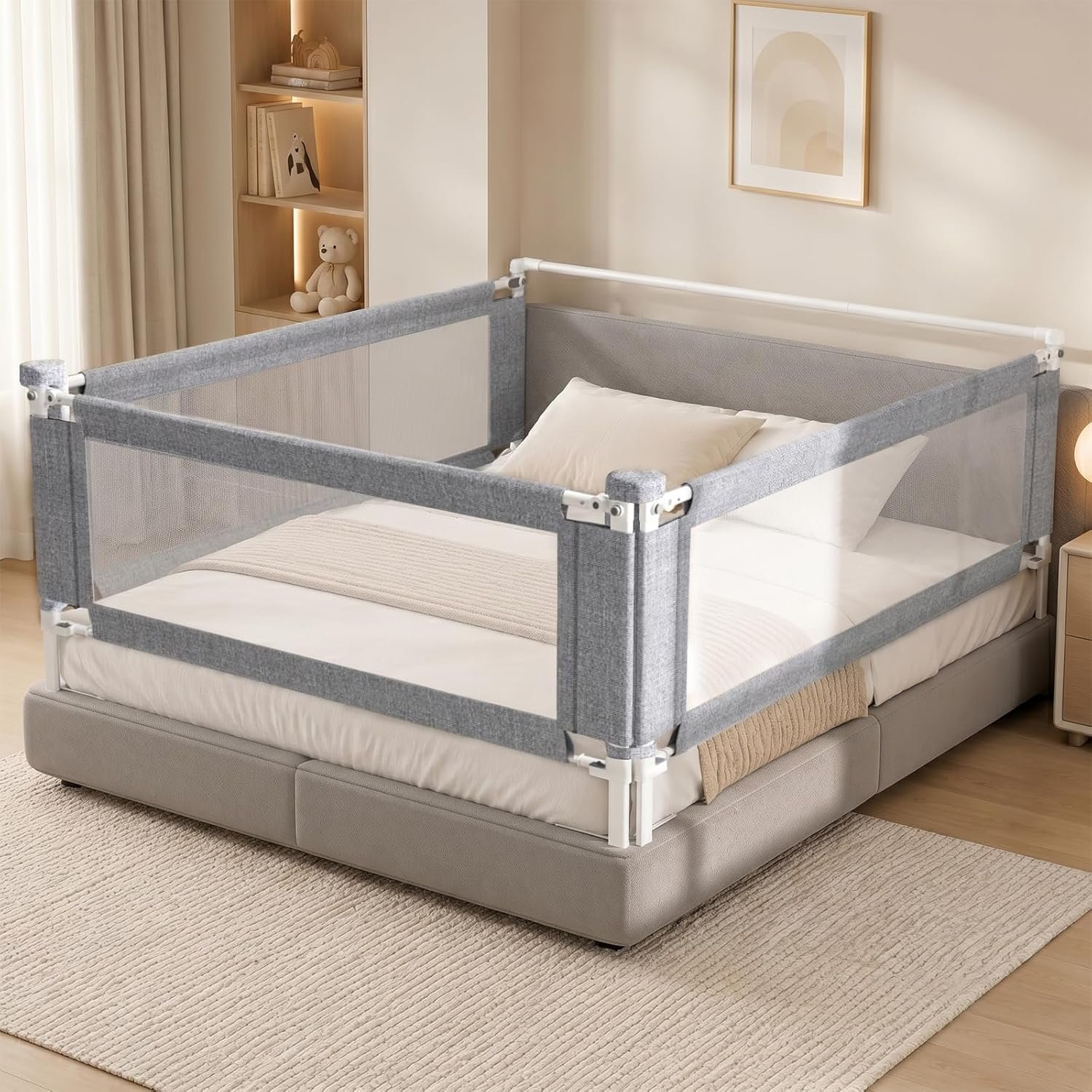 3-Piece King Size Bed Rail for Toddlers – Adjustable Baby Bed Rail Guard, Kids Safety Bed Rail for King Size Bed (78.7″x78.7″x74.8″-Grey)