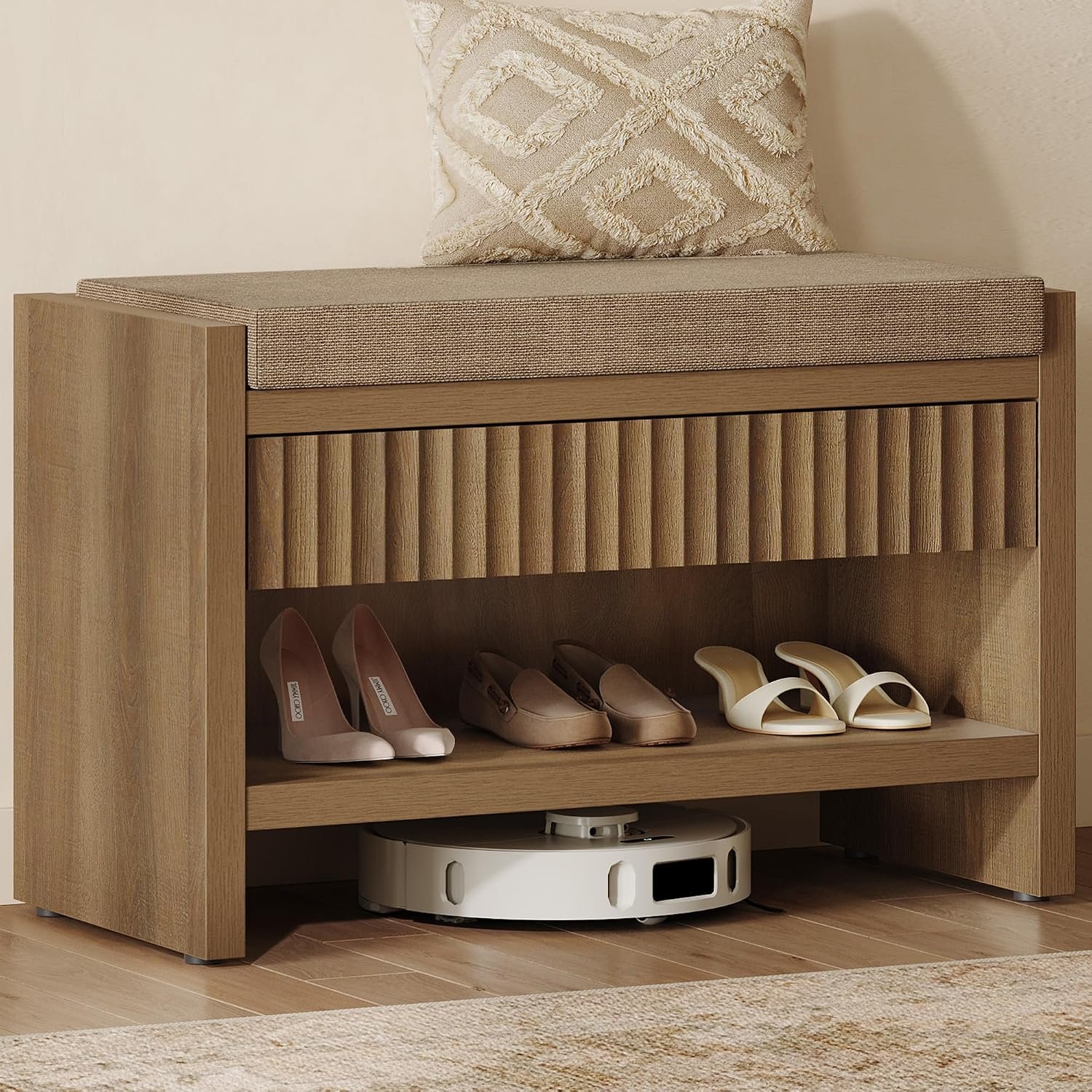 SICOTAS Fluted Shoe Bench with Cushion, Entryway Shoe Storage Bench | 300 lb Capacity, Comfortable 19.7″ Seat Height, Fits 6 Pairs, Fluted Caramel Oak Design, Hidden Drawer Storage, Hallway