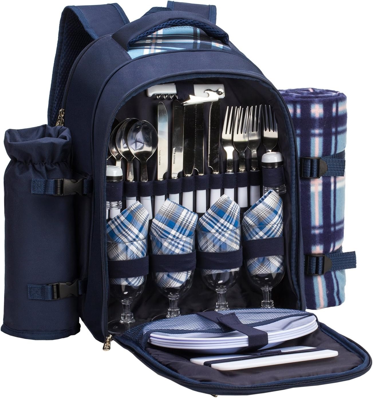 Picnic Backpack, 4-Person with Blanket & Wine, Family & Lovers Gift, Blue | Insulated Compartment, Padded Straps, Couple Gifts, Corporate Gifts, Family, Camping, Beach, Climbing, Parks