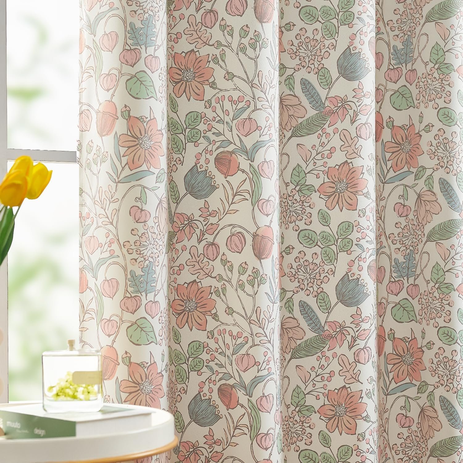 jinchan Blackout Curtains Pink Floral Curtains for Bedroom Living Room, Cottagecore Botanical Farmhouse Room Darkening Drapes for Nursery Kids Room, Vintage Nature-Inspired Decor 84 Inch 2 Panels