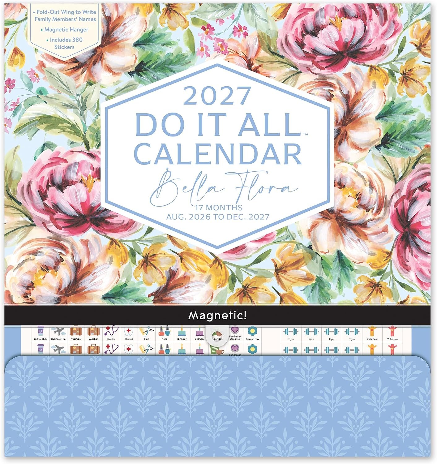 Orange Circle Studio 2027 Bella Flora Do It All Wall Calendar – 17 Month Family Planner Aug 2026 – Dec 2027, Grid Monthly Layout 380 Stickers, Fold-Out Organizer, Storage Pocket, Magnetic or Nail Hanger