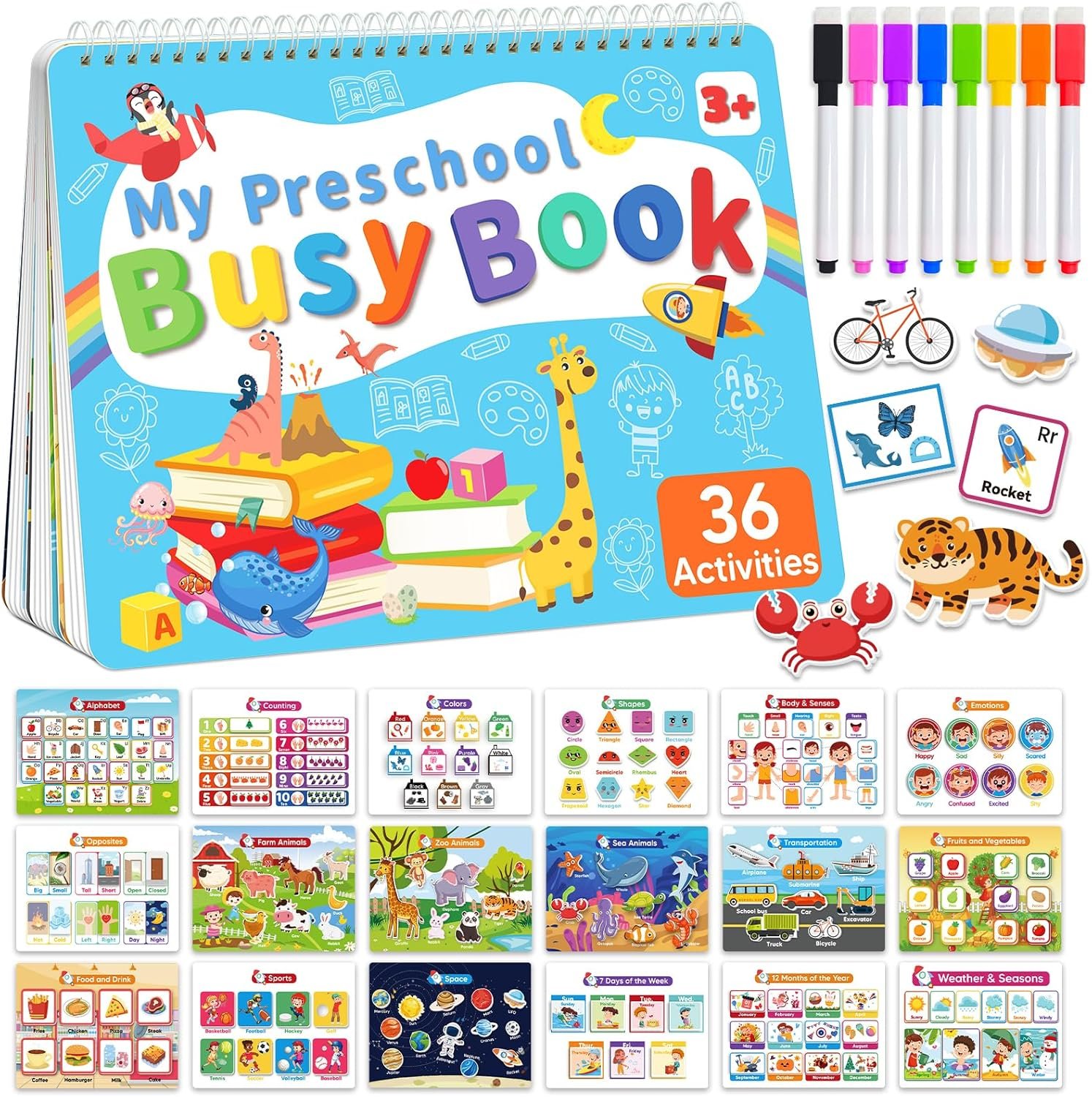 Toddler Busy Book, Montessori Educational Toys for 3 4 5 Year Old Gifts | Learning Toy, Preschool Learning Activities, Tracing Coloring Activity Books for Kids Ages 3-5, Car Airplane Travel Toys