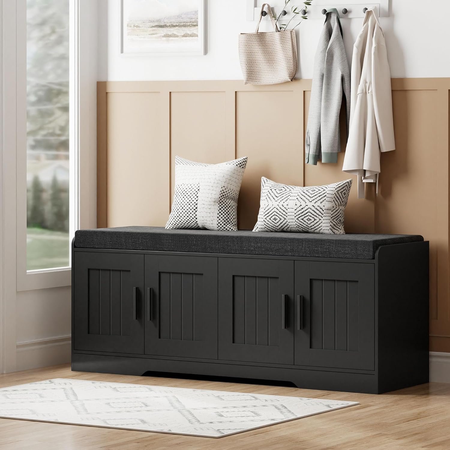 Homleke Shoe Storage Bench, 4 Doors & Thickened Padded Seat Cushion | 2-Tier Shoe Bench, Entryway Bench, Adjustable Shelf, 13.8″ D x 45.3″ W x 18.5″ H, for Living Room, Bedroom, Black
