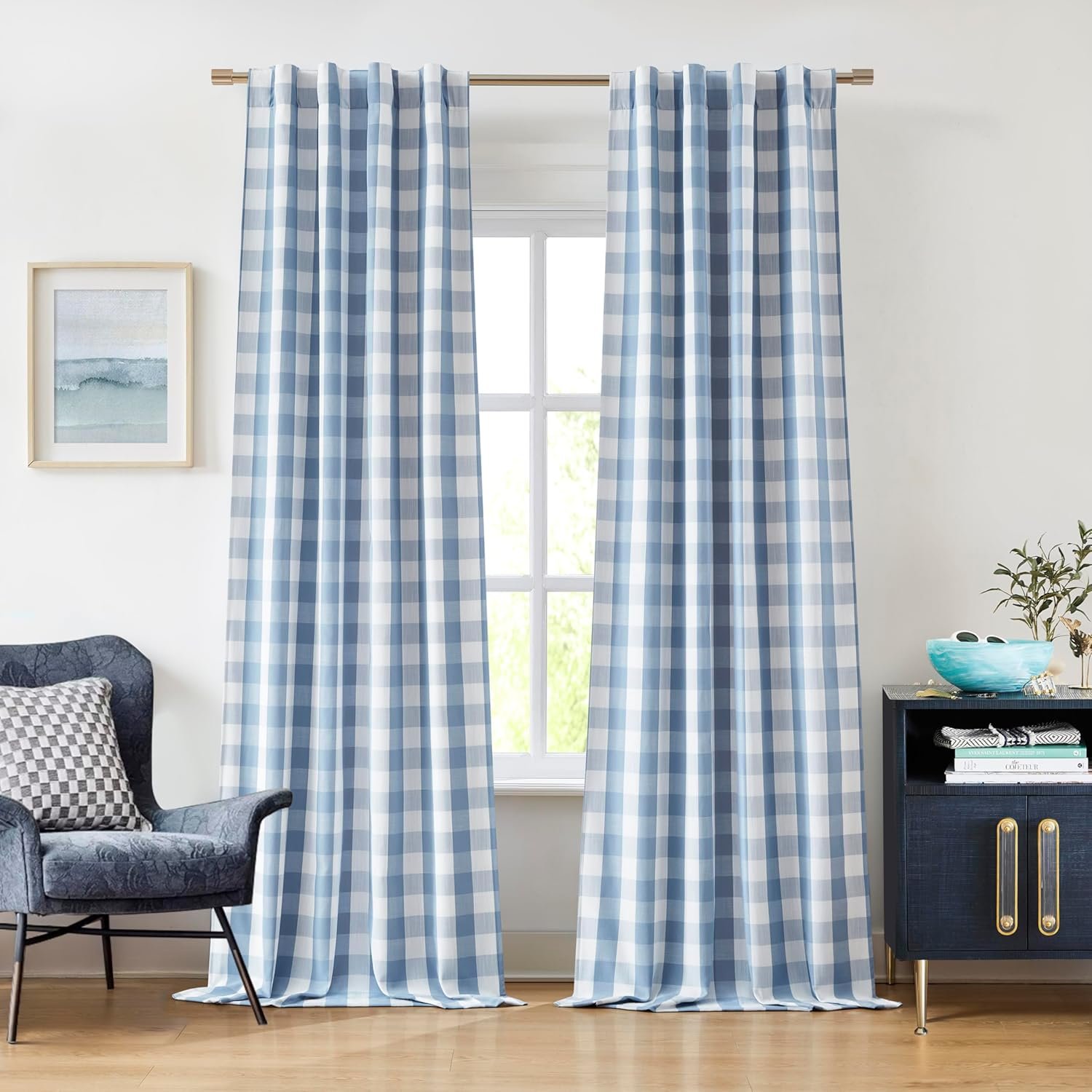 Blue Buffalo Plaid Full Blackout Curtain Panels 84 Inches Length | Dusty Blue and White Farmhouse Drapes,Thermal Insulated Window Treatment Bedroom Living Room,Rod Pocket Back Tabs,40″Wx84″Lx2