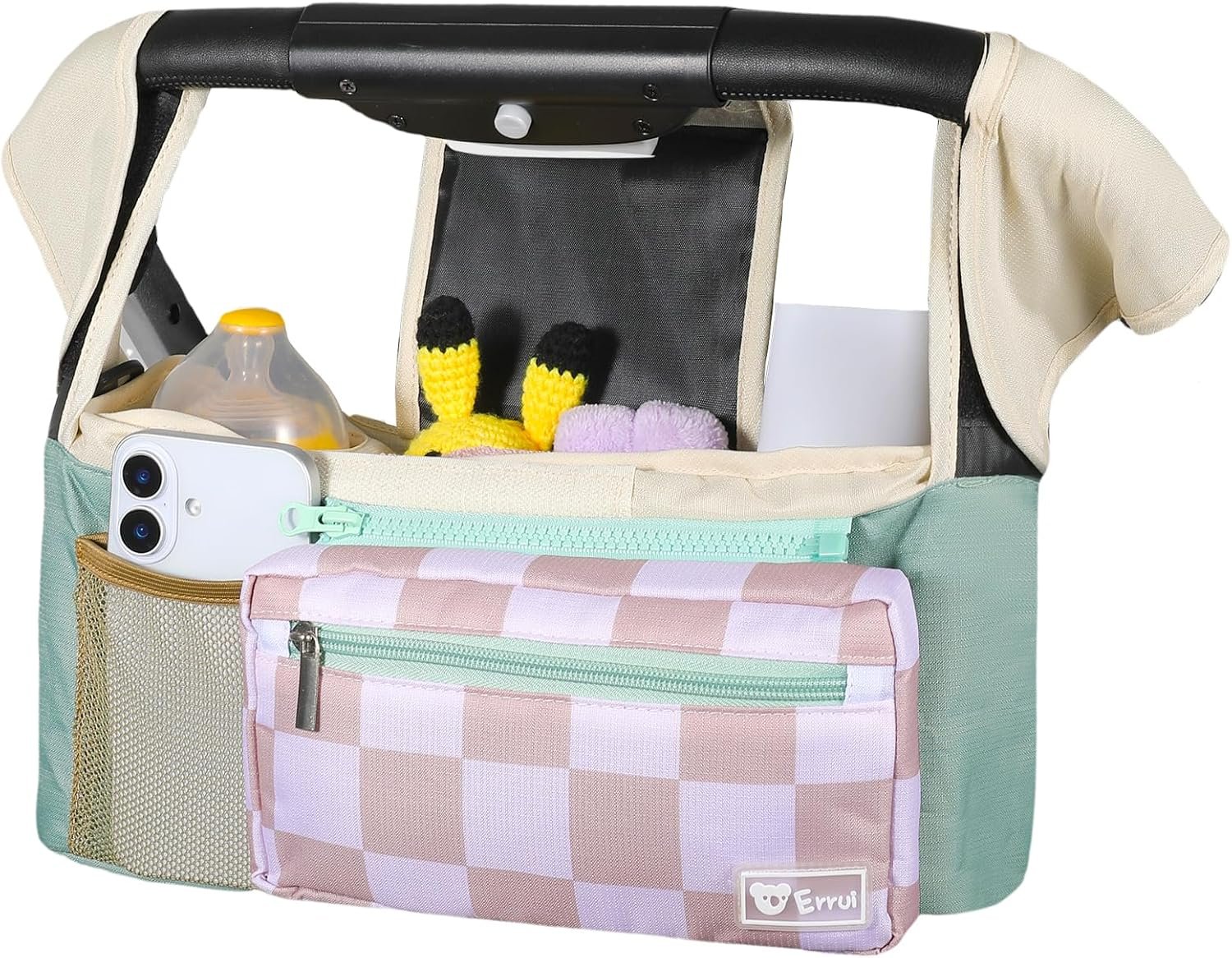 Universal Stroller Organizer with Insulated Cup Holders and Detachable Phone Bag,Stroller Caddy Fits for Stroller Accessories like Uppababy, Baby Jogger, Doona, Nuna Stroller (Green Square grid)