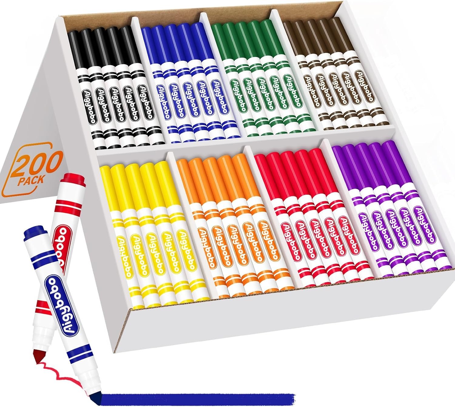Aigybobo 200 Count Washable Markers Bulk, 8 Assorted Colors, Broad Line Conical Tip Coloring Marker for Kids, Markers Bulk Pack for Classroom, School Art Supplies & Back to School Supplies
