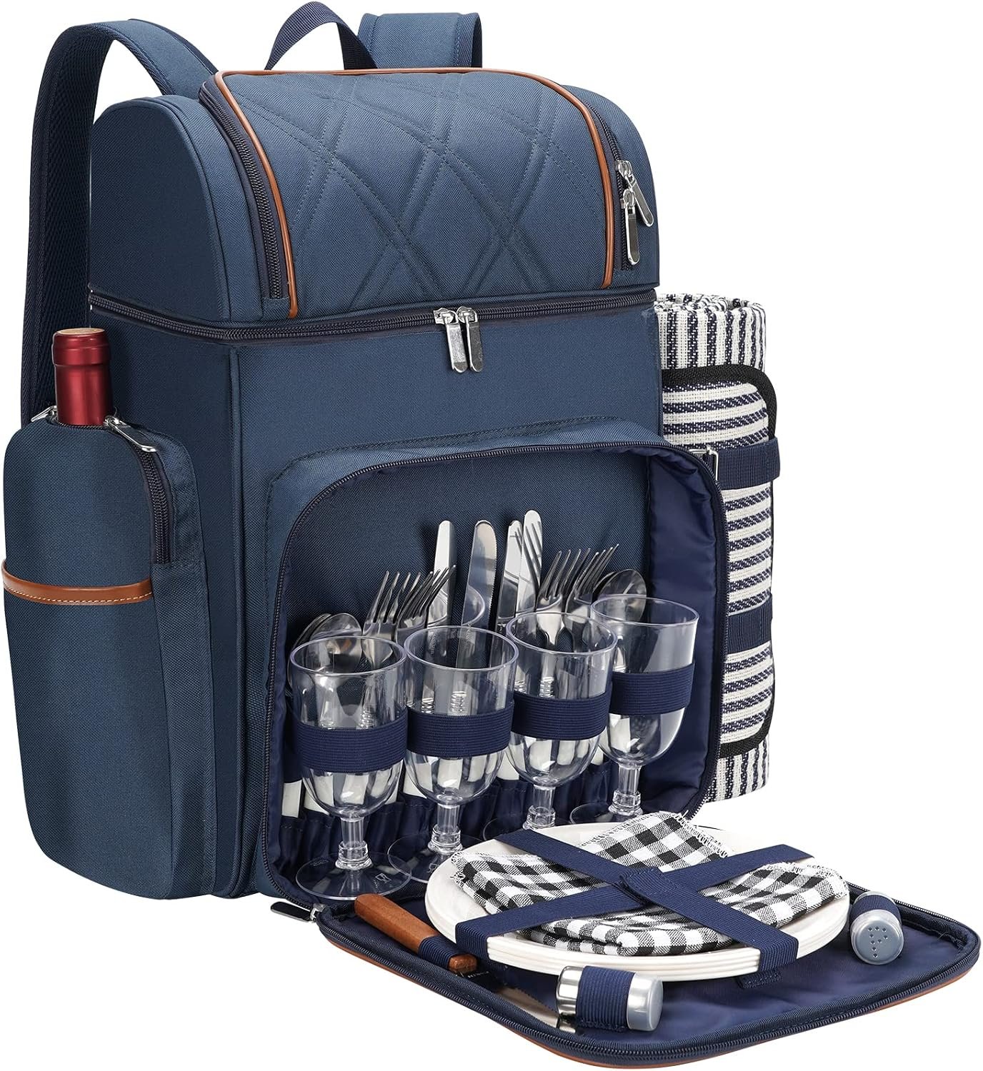 Picnic Backpack for 4, Insulated Cooler Bag with Blanket, Navy Blue | Backpack Picnic Basket with Leakproof Double-Deck Design, Includes Wine Pouch, Ideal for Beach Camping Park Outdoor Picnic