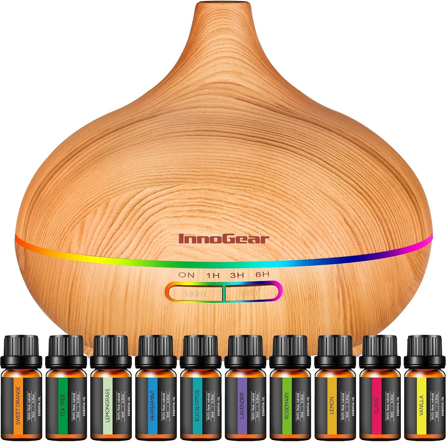 InnoGear Aromatherapy Diffuser & 10 Essential Oils Set, 400ml Diffuser Ultrasonic Diffusers for Home Cool Mist Humidifier with 4 Timers 7 Colors Light Waterless Auto Off, Yellow Wood Grain