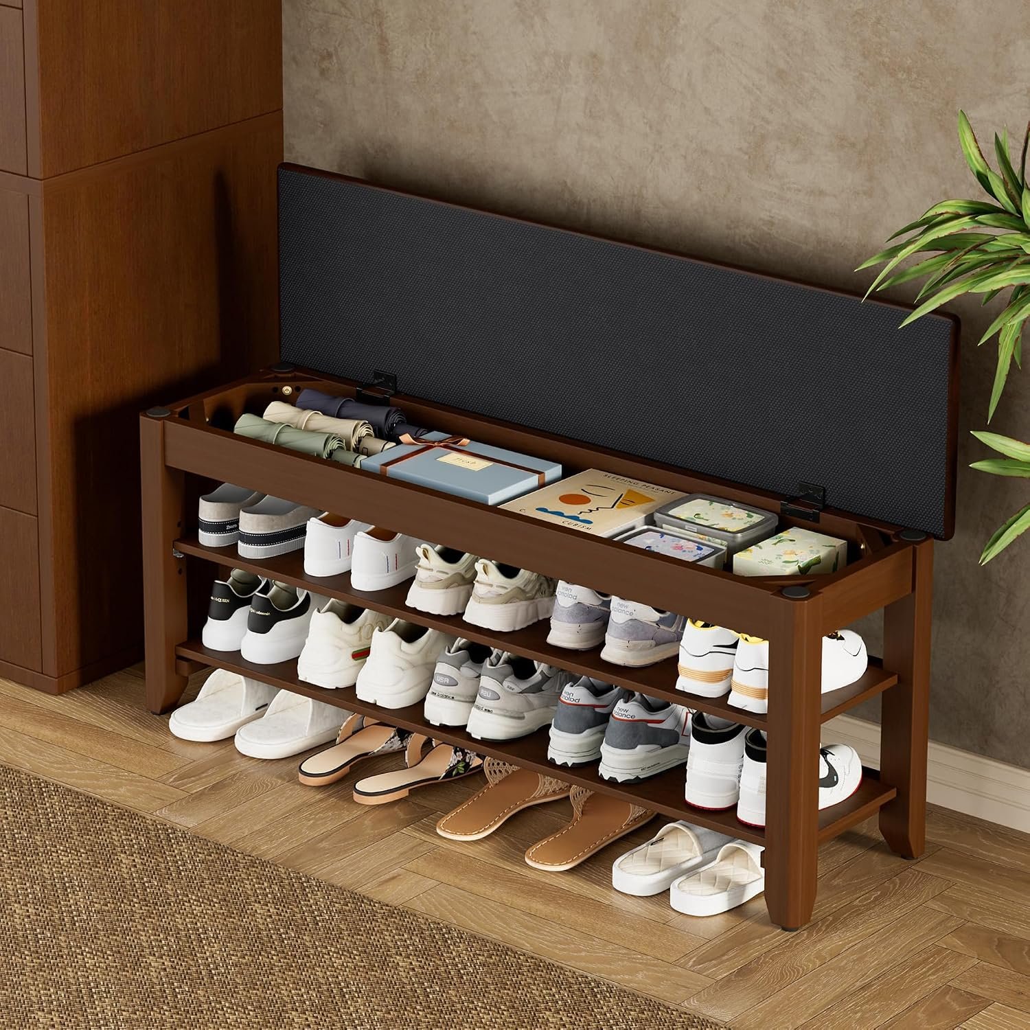 Homleke 39.4″ Wide Solid Wood Shoe Rack Bench with Flip-Top Storage | 2-Tier Entryway Bench with Cushion, Adjustable Shelf, Holds Up to 10 Pairs, for Hallway, Bedroom and Closet, Walnut