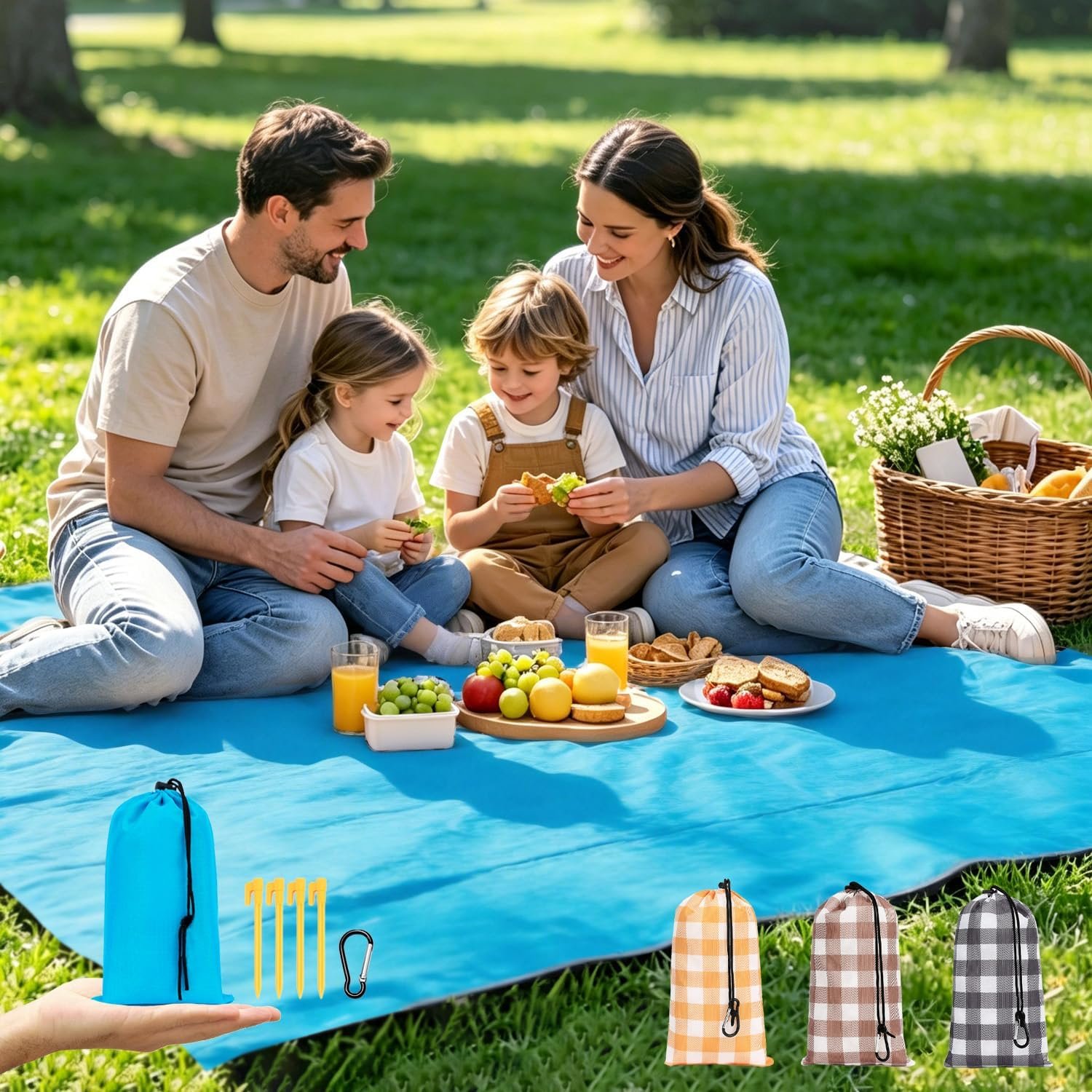 Fammart Pocket Picnic Blanket Sandproof Waterproof, Portable Lightweight Camping Tarp, Quick Dry Foldable Compact Beach Mat with Corner Pockets & Stakes for Festivals Hiking Outdoor Essentials