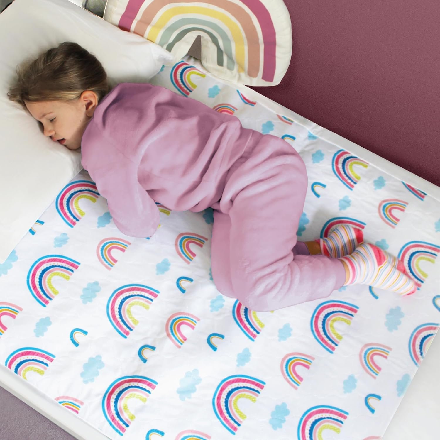 Hygge Sheets® Potty Training Pee Pads for Kids, Toddlers – 100% Waterproof, Non Slip Bed Wetting Pad for Twin Beds – Washable, Reusable Mattress & Sheet Protector – Rainbow