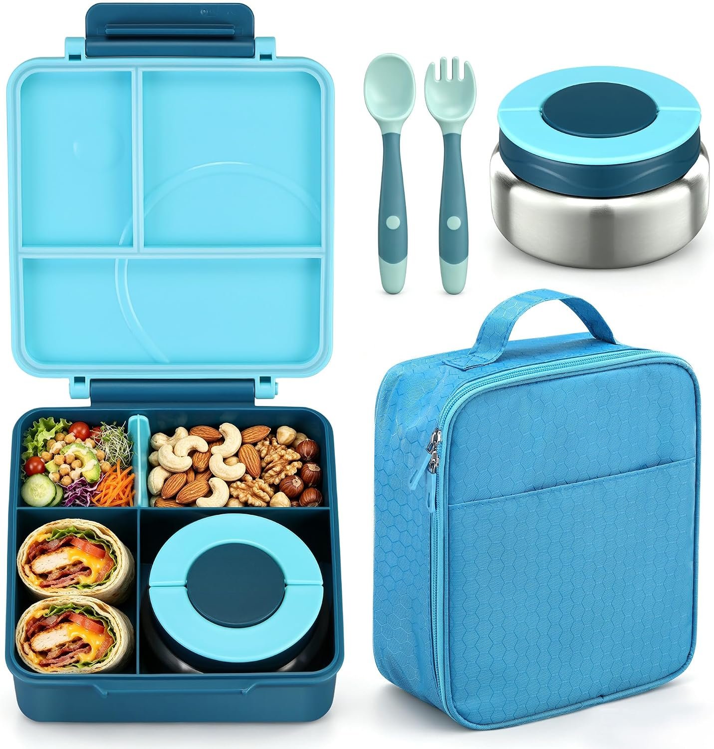 Bento Lunch Box Set for Kids with 8oz Soup Thermo, Leak-Proof Lunch Containers with 4 Compartment, Kids Thermo Hot Food Jar and Insulated Lunch Bag for Kid to School-Blue