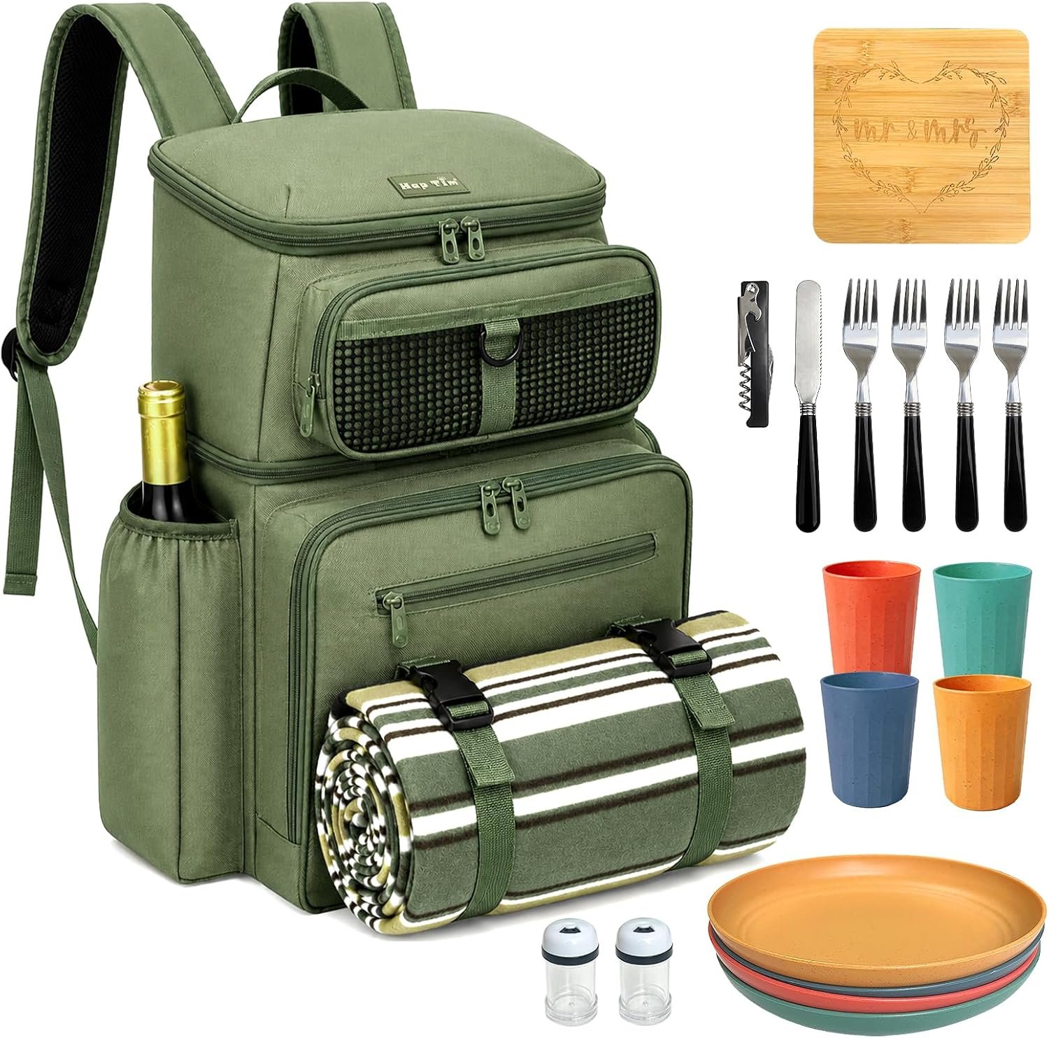 Hap Tim Large Picnic Basket Backpack for 4 with Insulated Cooler – Dry-Wet Separated, Multi-Pocket Organizer, Gifts for Couples, Wedding, Bridal Showers (Olive Green)