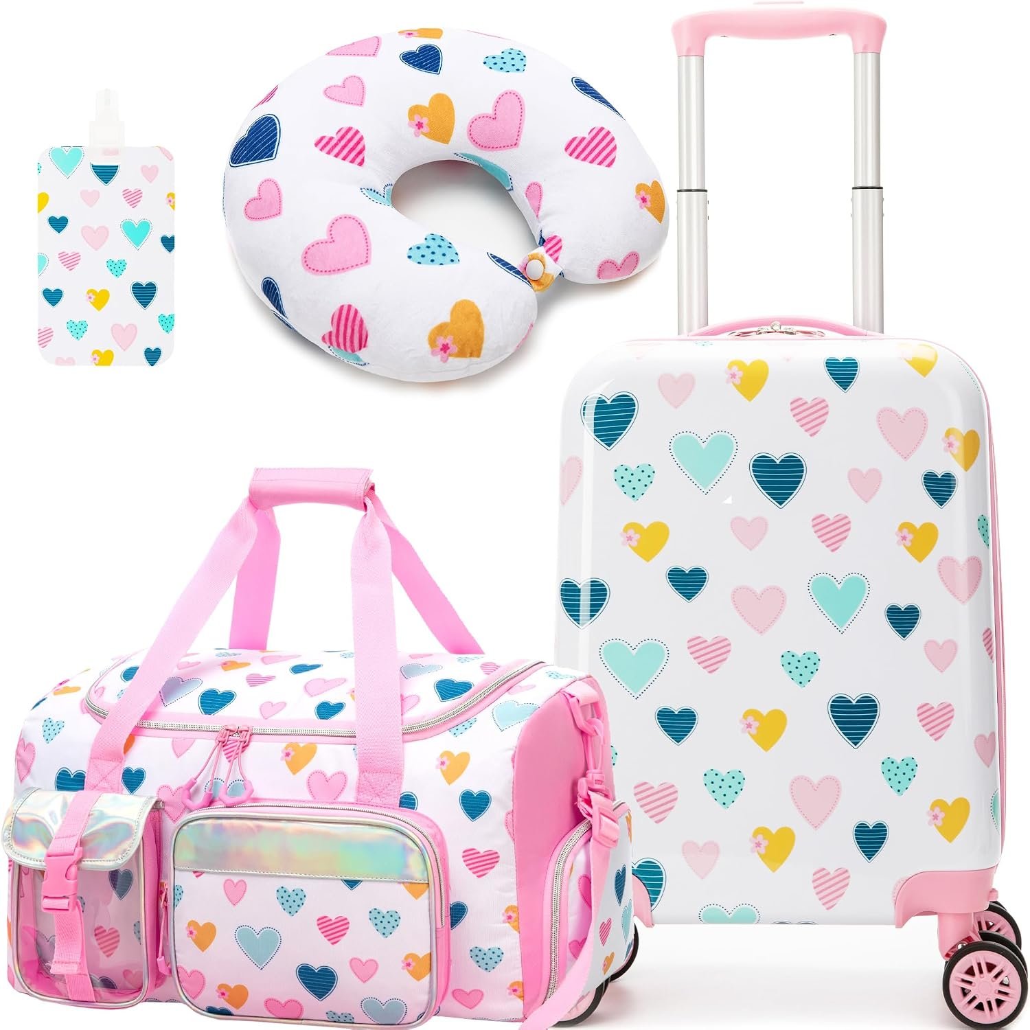 Kid’s Luggage Set 3 Piece Suitcase Set 16″ Hardside Luggage with Spinner Wheels Girls Carry on Toddler Travel Rolling Suitcase with Duffle Bag Neck Pillow Airline Approved