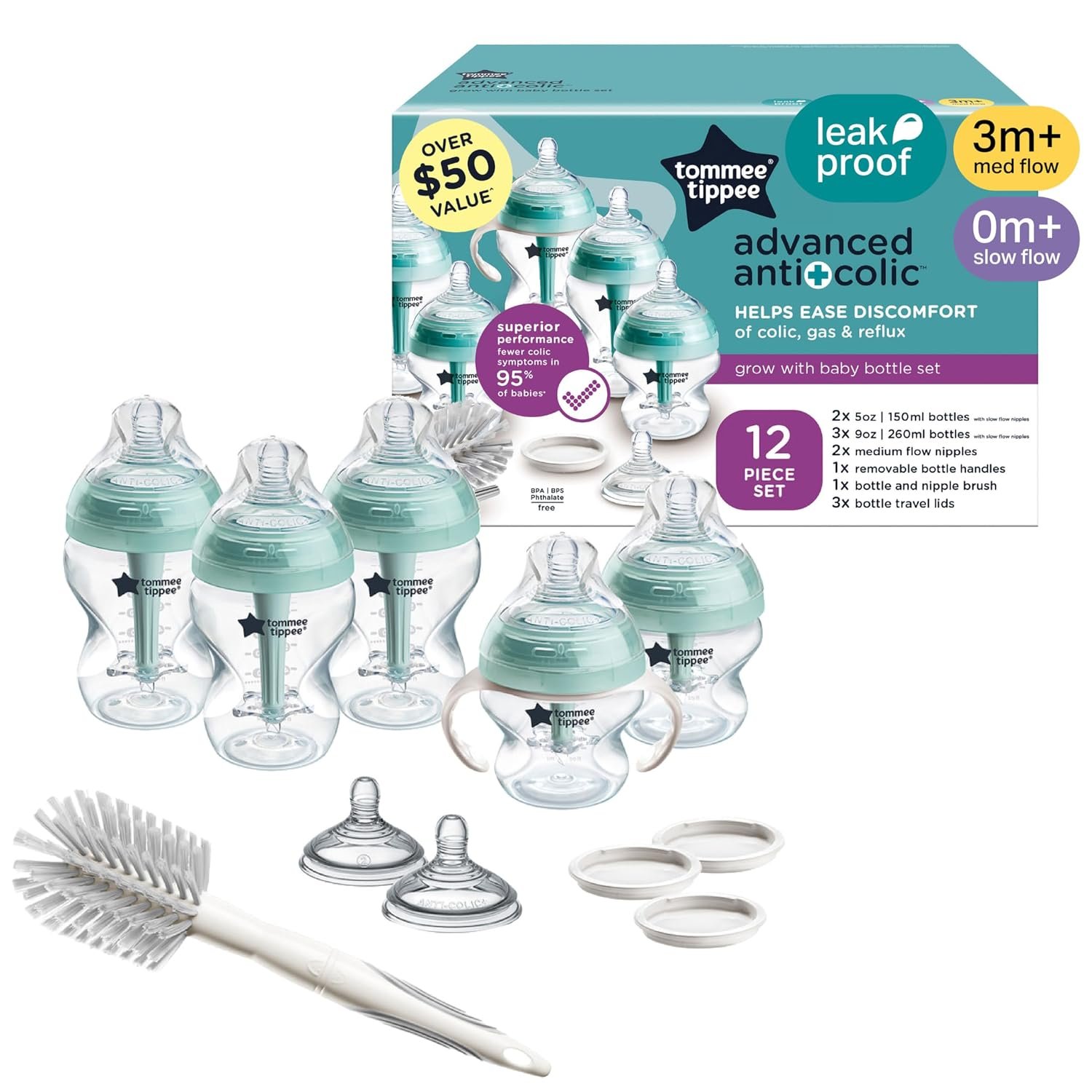 Tommee Tippee Advanced Anti-Colic Baby Bottle Set, Newborn 0m+ | 12 Pieces, 5oz & 9oz BPA Free Bottles, Slow & Medium Flow Breast-Like Nipples, Bottle Handles, Cleaning Brush
