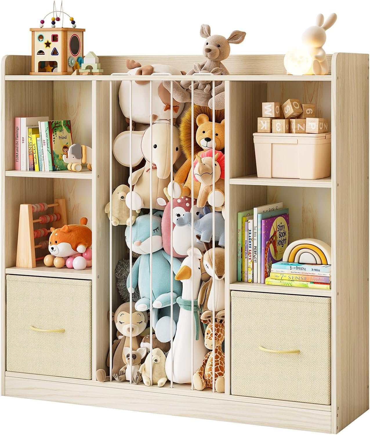 EXPERLAM 4-in-1 Toy Storage Organizer with Stuffed Animal Storage, Solid Pine Kids Bookshelf and Toy Shelf, 6 Cube Shelf with 2 Removable Drawers, Stuffed Animal Zoo for Kids Room, Playroom, Nursery
