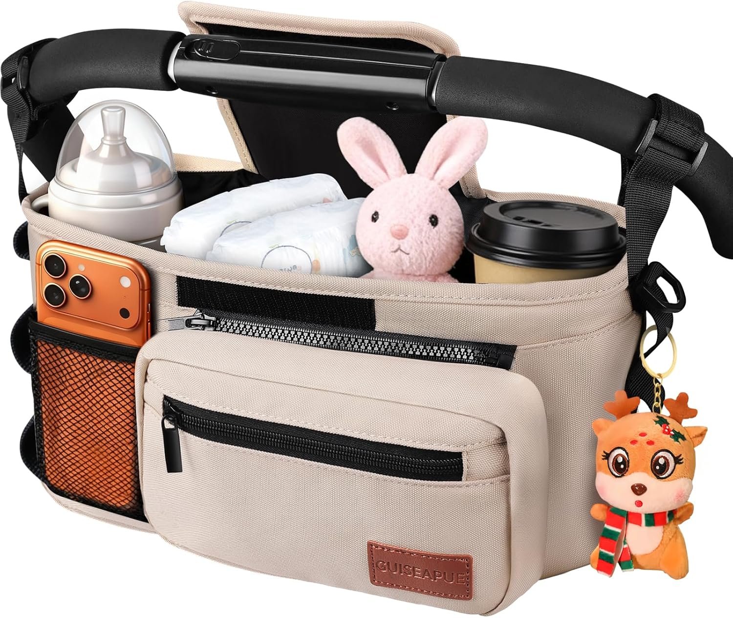 Universal Stroller Organizer with Cup Holder: Non Slip Strap Stroller Caddy | Stroller Bag with Detachable Phone Bag, Fits for Uppababy, Baby Jogger Stroller Accessories, Christmas New Moms Baby Gifts
