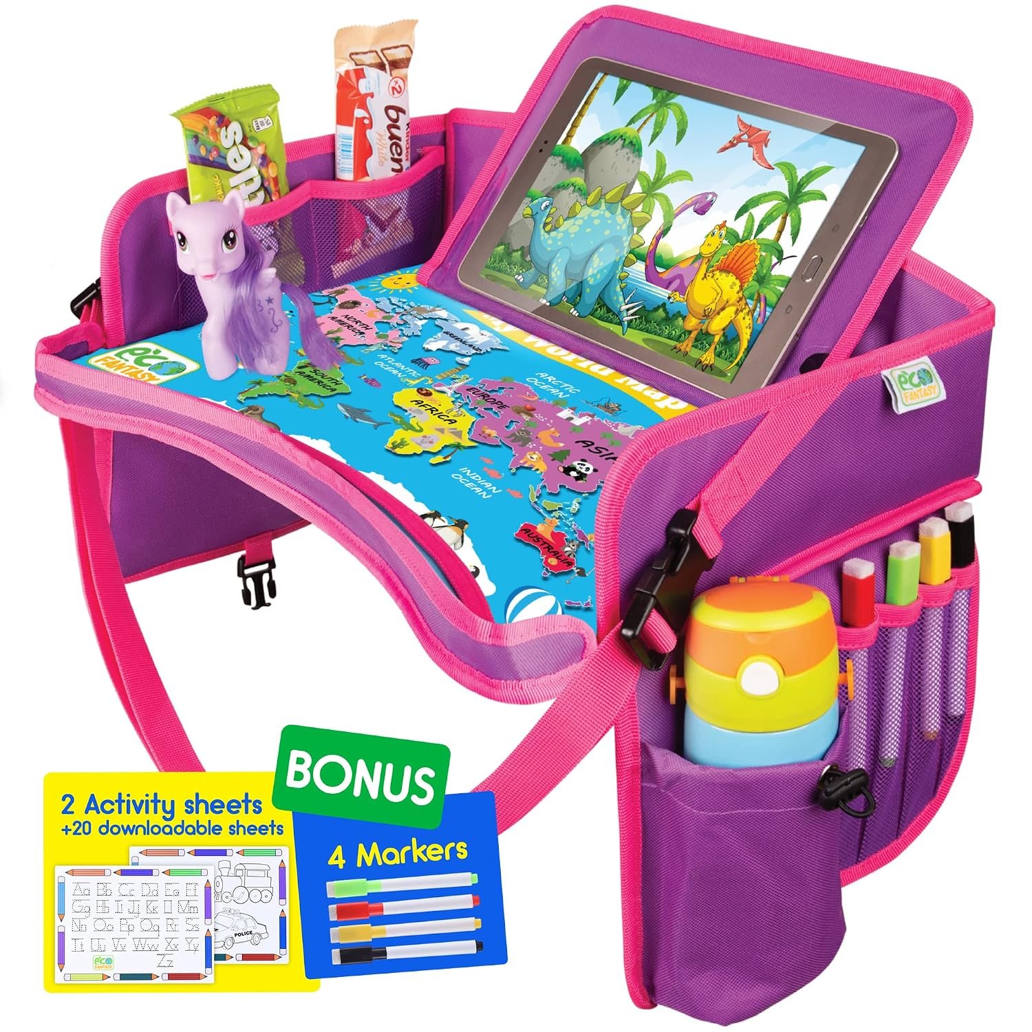 Kids Travel Tray – Waterproof Lap Table with No-Drop Large Tablet Holder – Car Seat Tray – Road Trip Essentials Kids – Car Desk Organizer for Airplane – Toddler Travel Essentials (Pink)