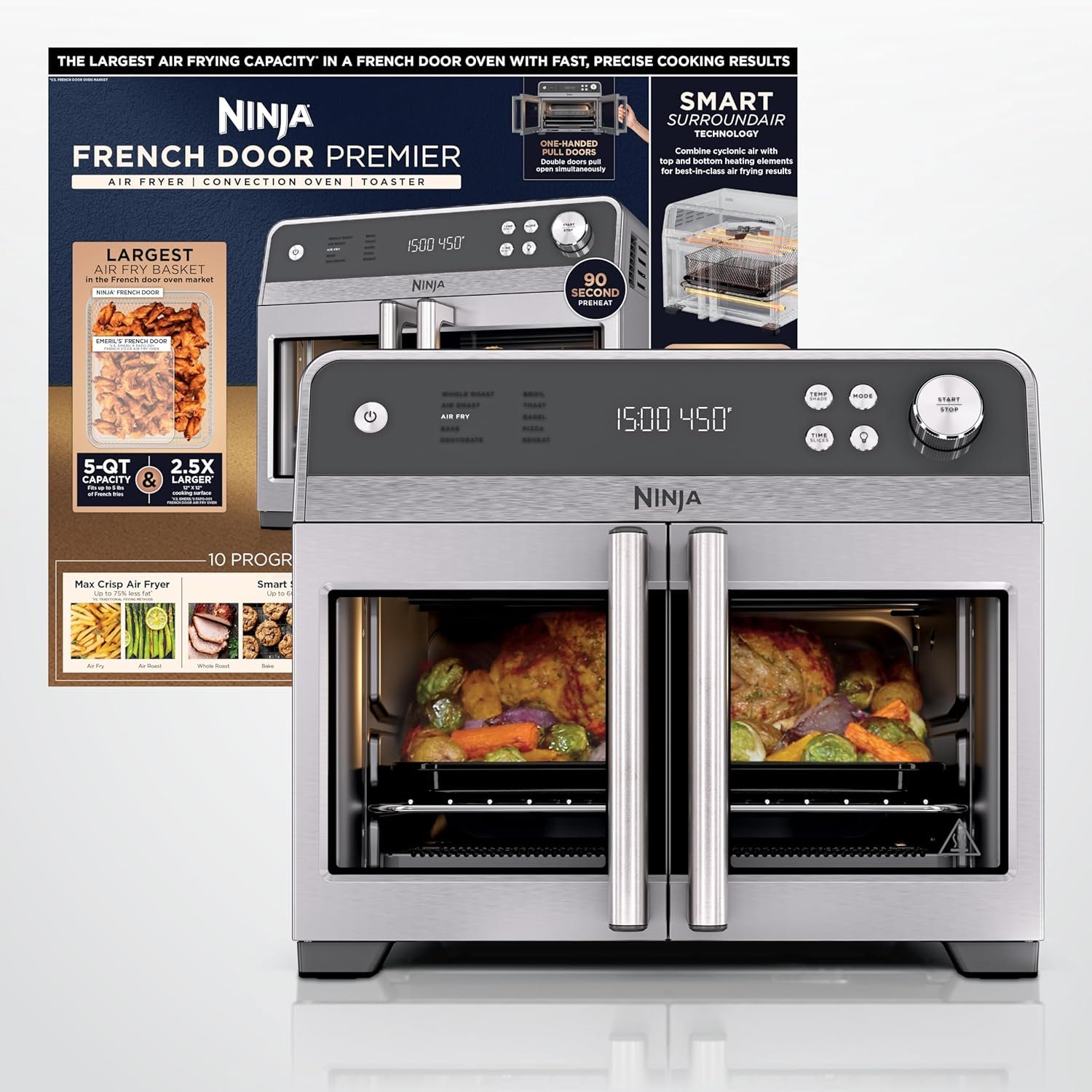 Ninja French Door Premier Air Fry Oven, 10-in-1, 20.3 Qt, Stainless, FO101 | 450F cyclonic air, PFAS-free surface, Air fry, sear crisp, bake, broil, toast, dehydrate