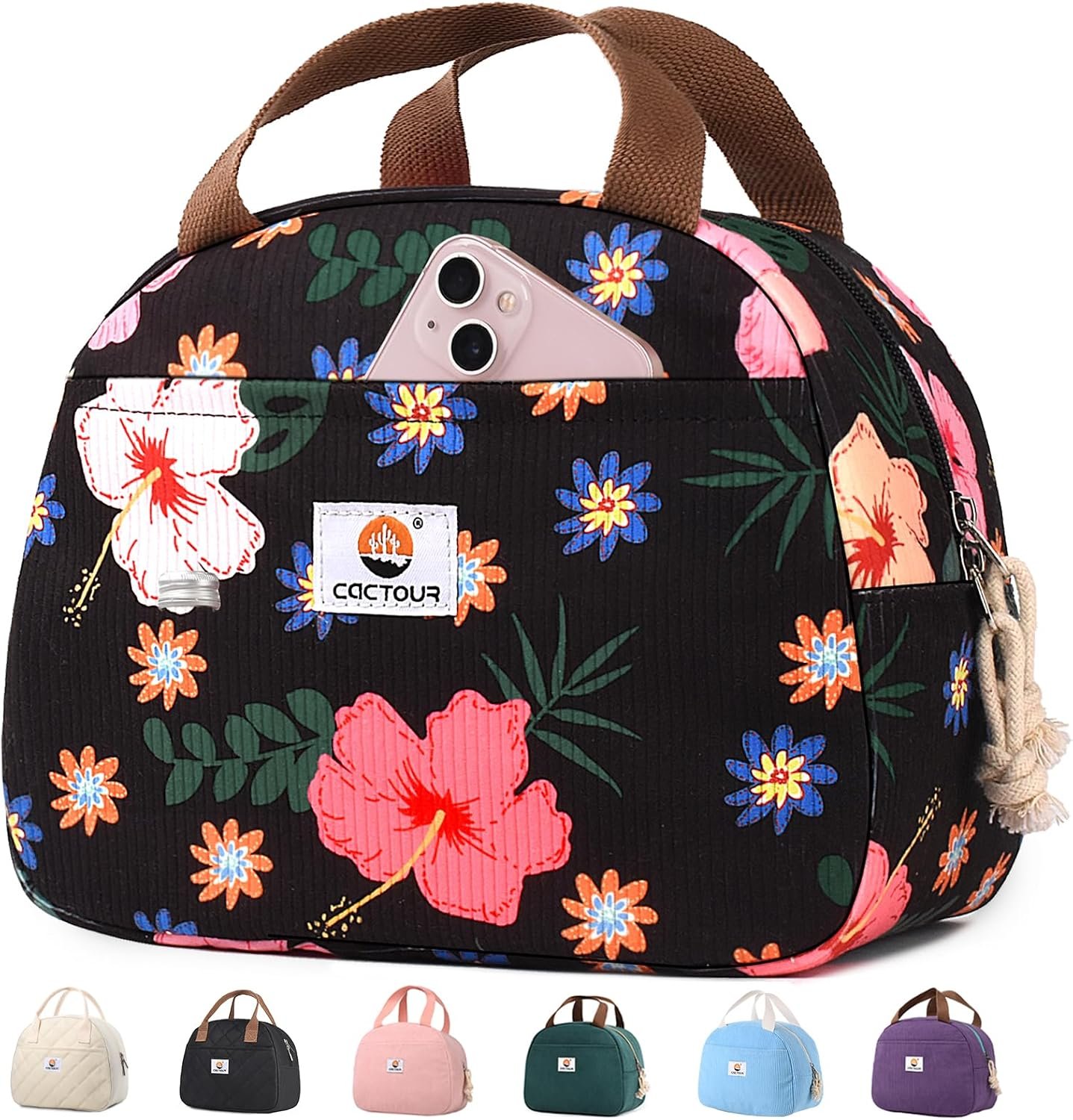CaCTOUR Lunch Box for Women Girls Teens,Cute Lunch Box Cooler Bag, Portable Insulated Small Lunch Bag Women Reusable Corduroy Lunch Tote for Work/Travel/Picnic/School (Flower)