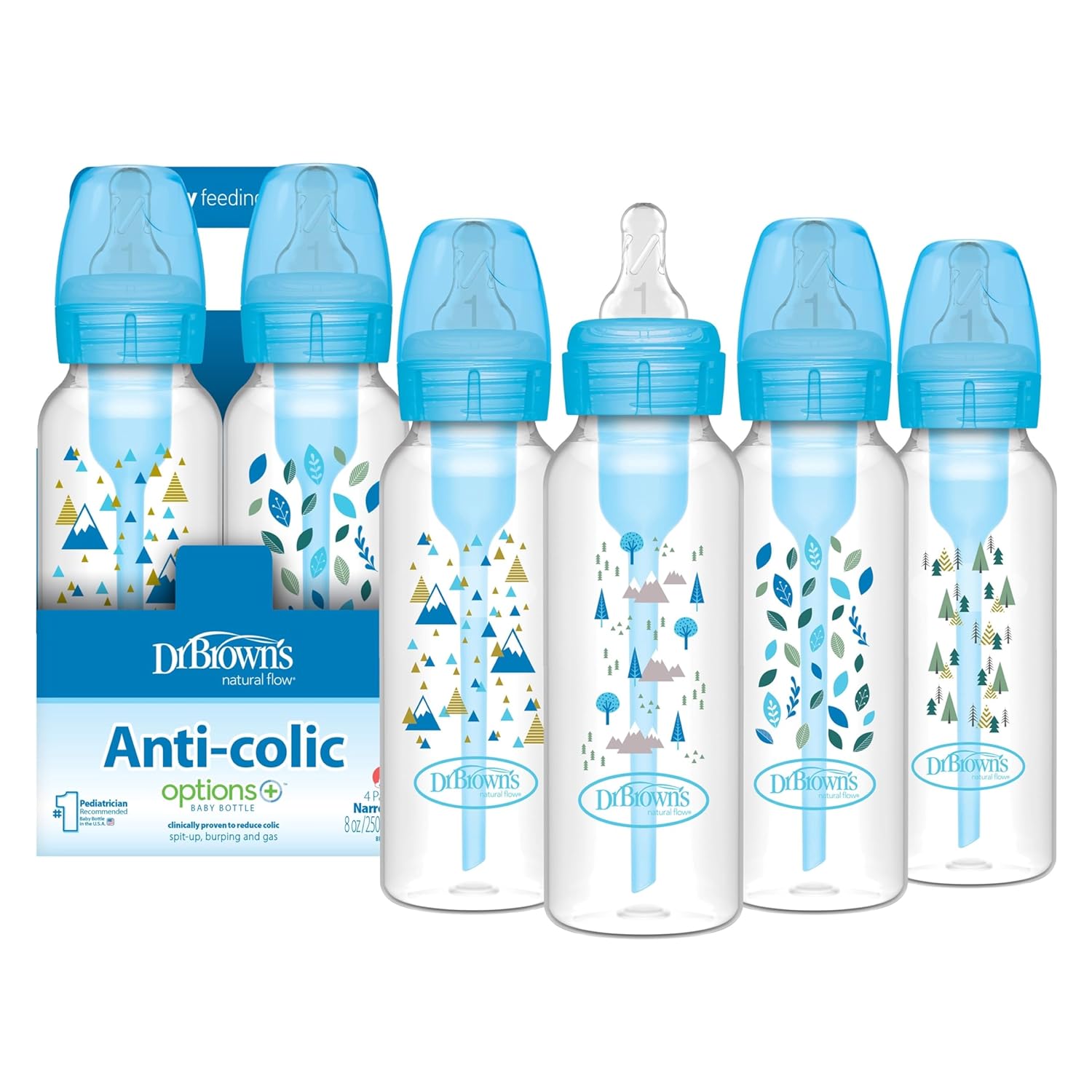 Dr. Brown’s Natural Flow Anti-Colic Options+ Narrow Baby Bottle, Blue Nature, 8 oz/250 mL, with Level 1 Slow Flow Nipples, 0m+, 4 Pack