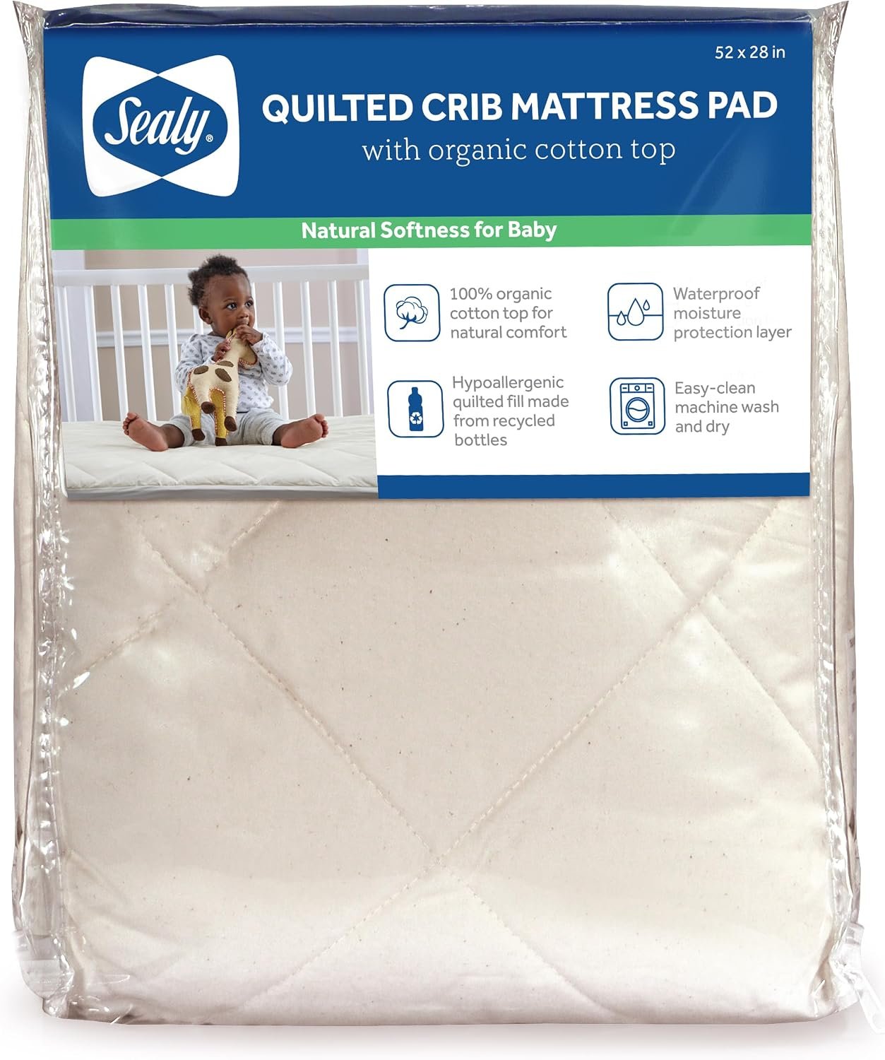 Sealy Baby Infant and Toddler Crib Mattress Protector – Quilted Breathable Organic Waterproof Pad