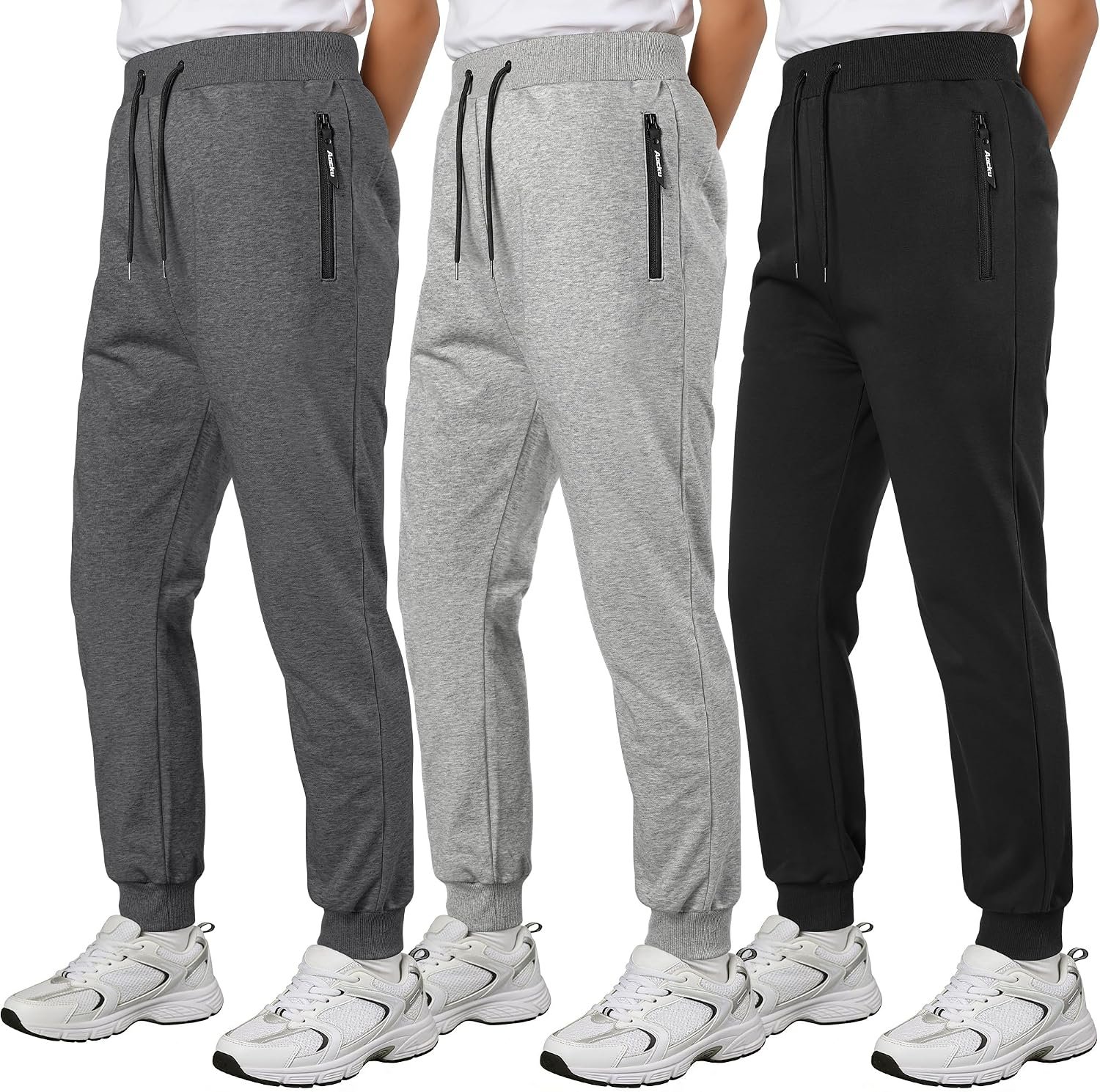 3 Pack Boys Sweatpants Cotton Pants for Youth Athletic Joggers – Zip Pocket | Boys Pants for 5-16Y, Soft & Breathable & Skin-friendly & Stretchy, Well-Fitted, Great for Kids’ School & Sport, Smooth Zip