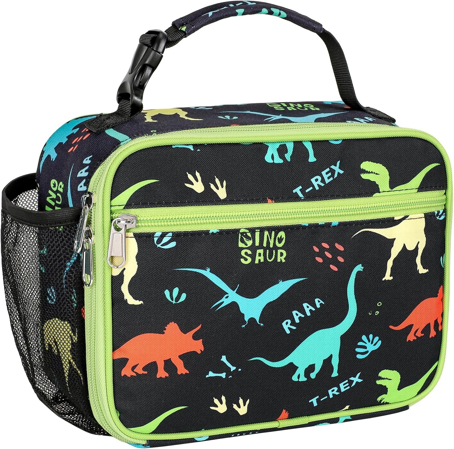 Bagseri Kids Lunch Bag Boys – Insulated Kids Lunch Box for School & Daycare | Easy Carry Handle, Leak Proof, Water Bottle Holder, Roomy Toddler Lunch Box for for Snacks, Drinks, Picnics, Black Dinosaur