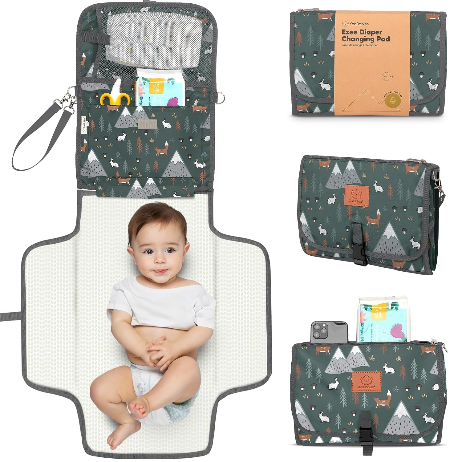 KeaBabies Portable Diaper Changing Pad, Wipeable Baby Changing Mat (Woods) | Waterproof, Large, Padded, On The Go Changing Station, Car, Travel Diaper Clutch Bag, Easy to Use Pockets, Newborn Essential,