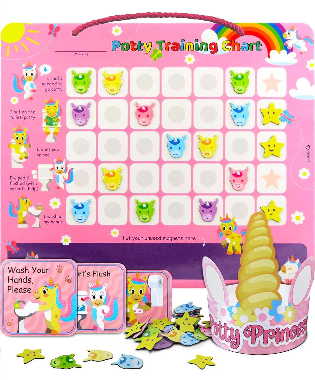 PUTSKA Potty Training Reward Chart for Girls with 35 Reusable Stickers – Potty Chart for Toddlers Girls – Reward Chart for Kids for Toilet Success – Unicorn